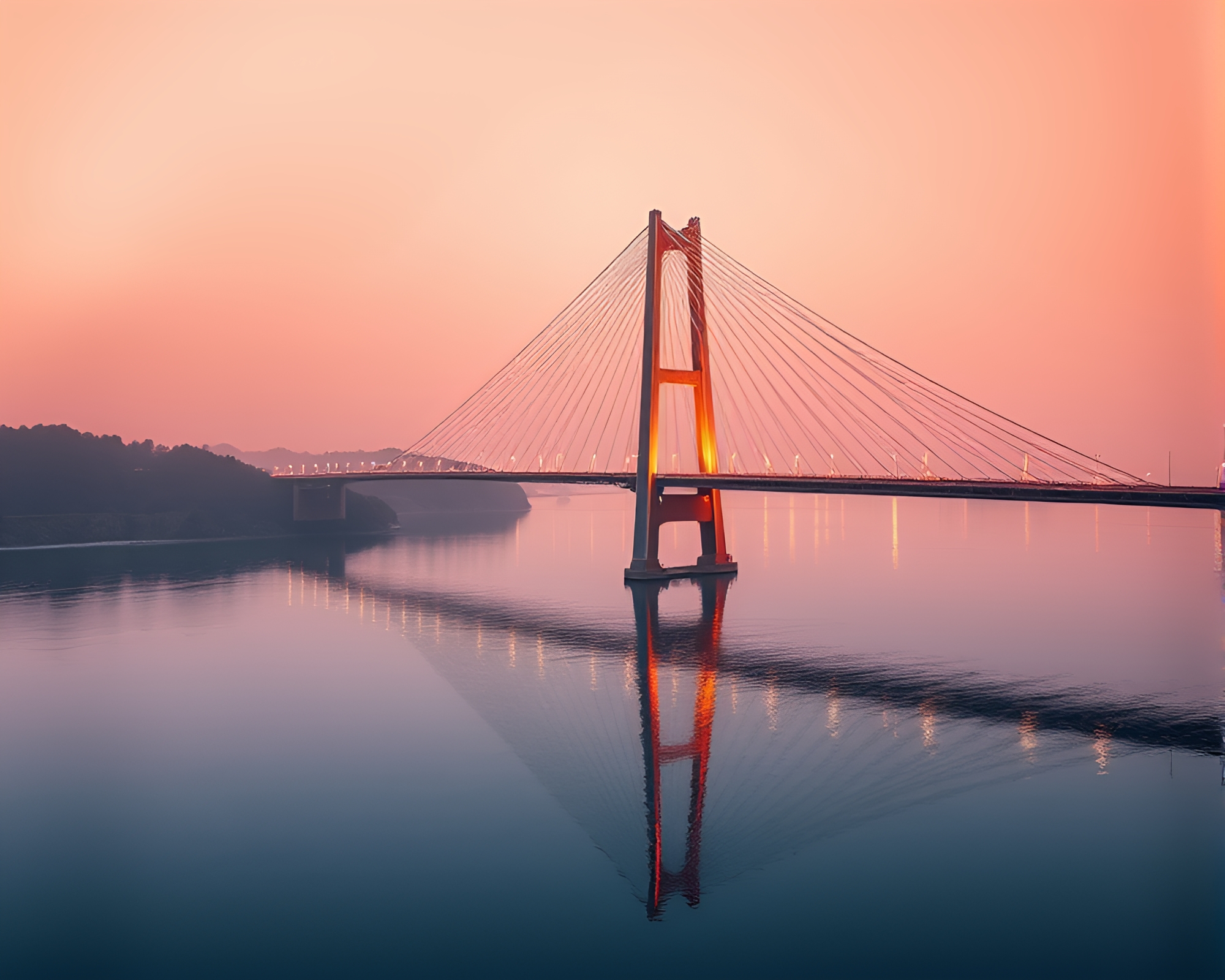 Ethereal Rose Gold Suspension Bridge Reflection – free AI stock image