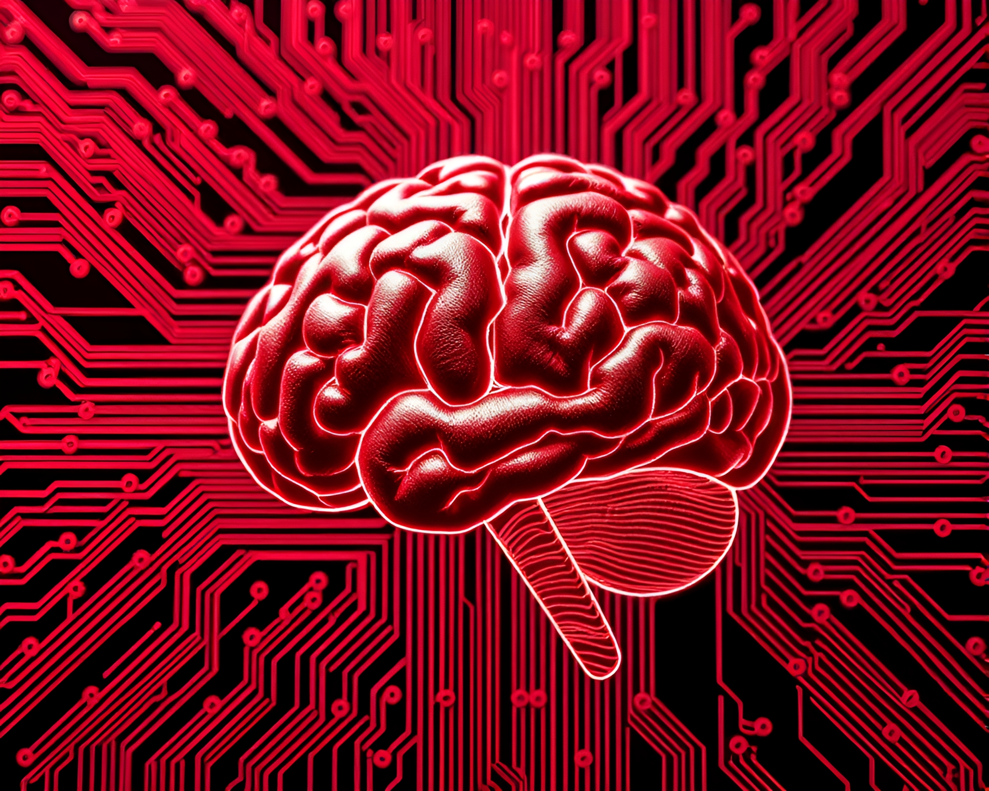 AI Brain Circuit Board Traces in Monochrome Red – free AI stock image