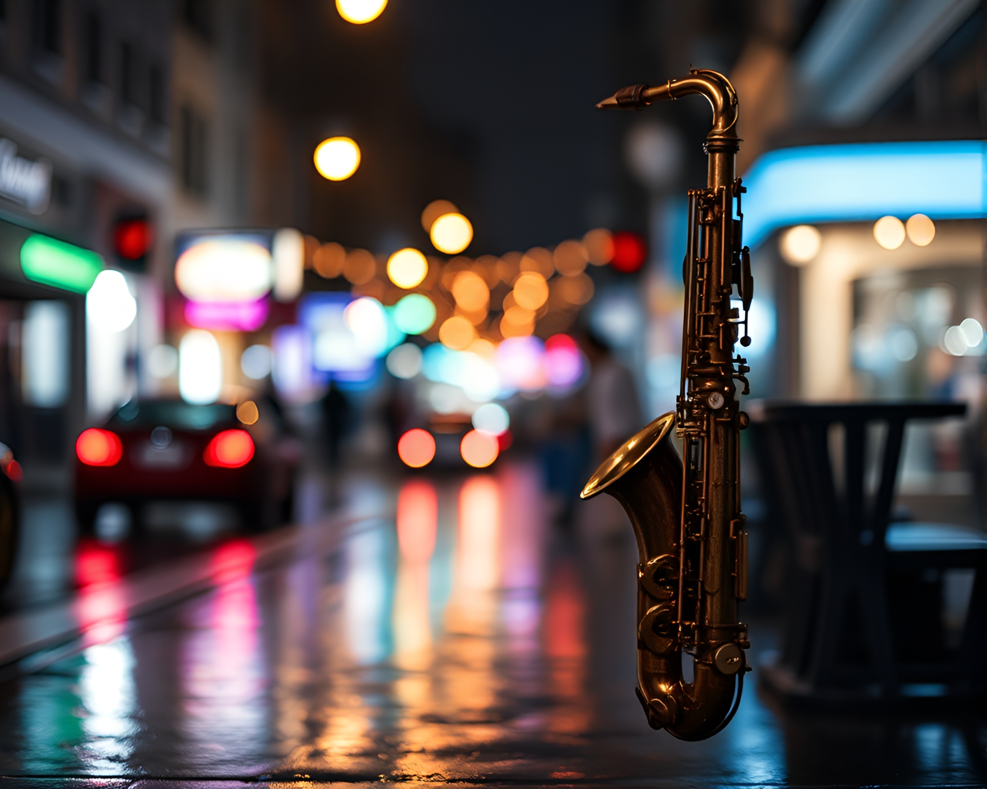 Saxophonist on Rainy Street: An Analogous Vision – free AI stock image