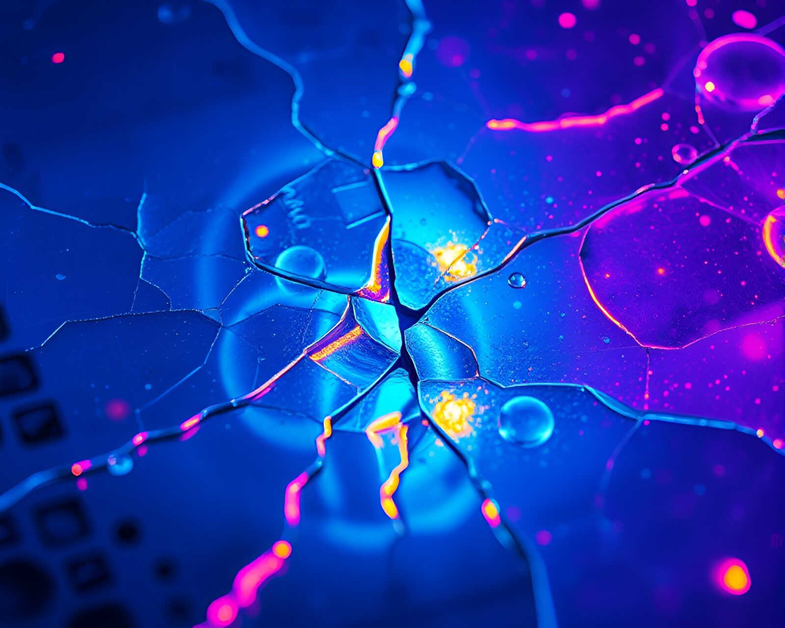 Vibrant neon colors reflect on cracked ice surface