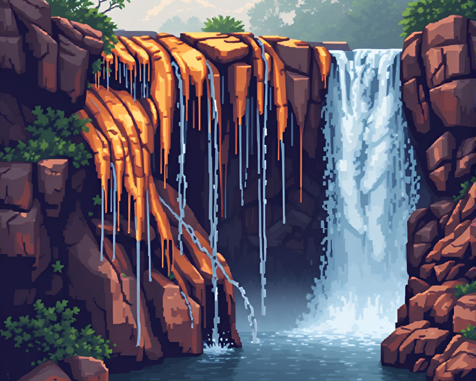 Pixelated waterfall scene with bronze patina shades