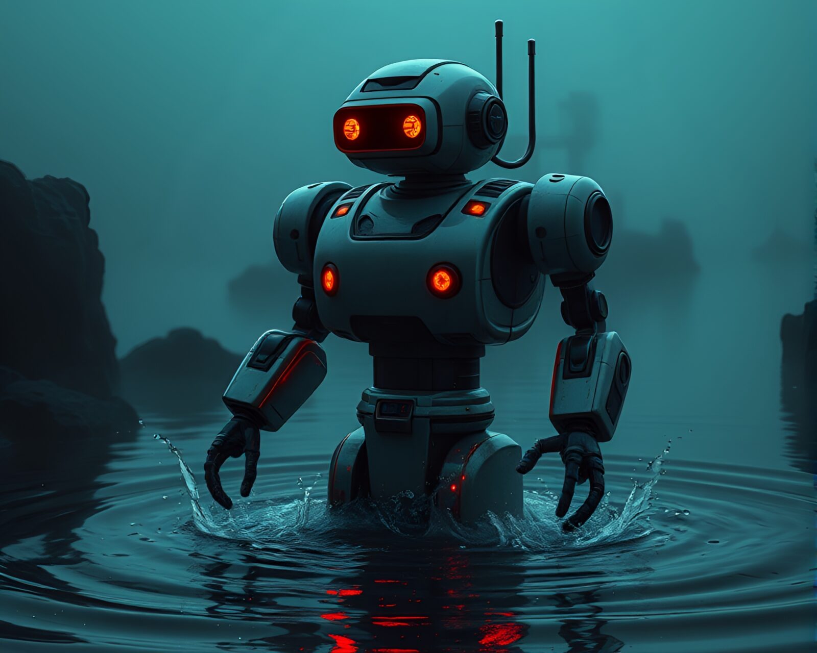 Retro futuristic robot in dimly lit water vortex scene