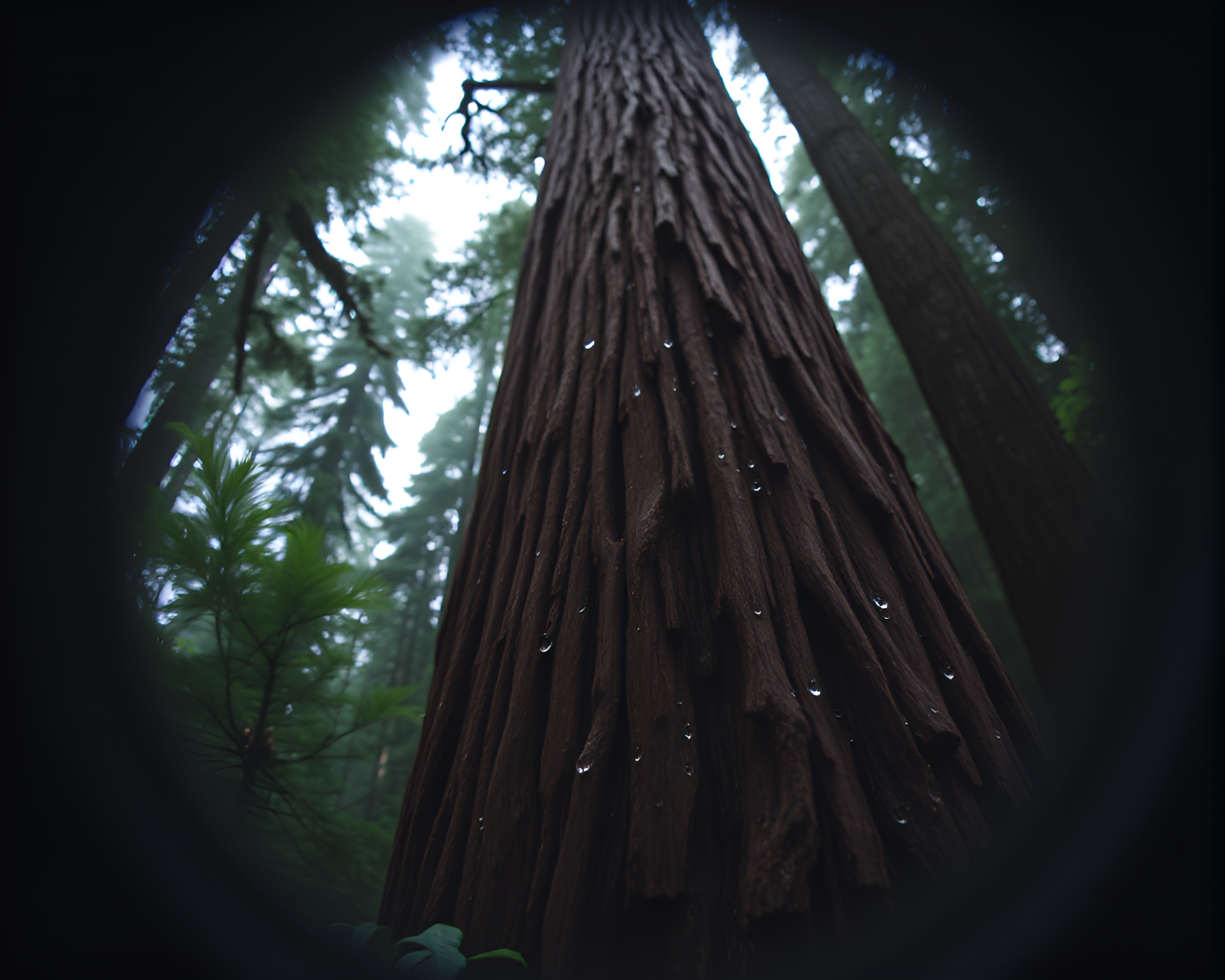 Majestic Redwood Tree adorned with sparkling dew drops – free AI stock image