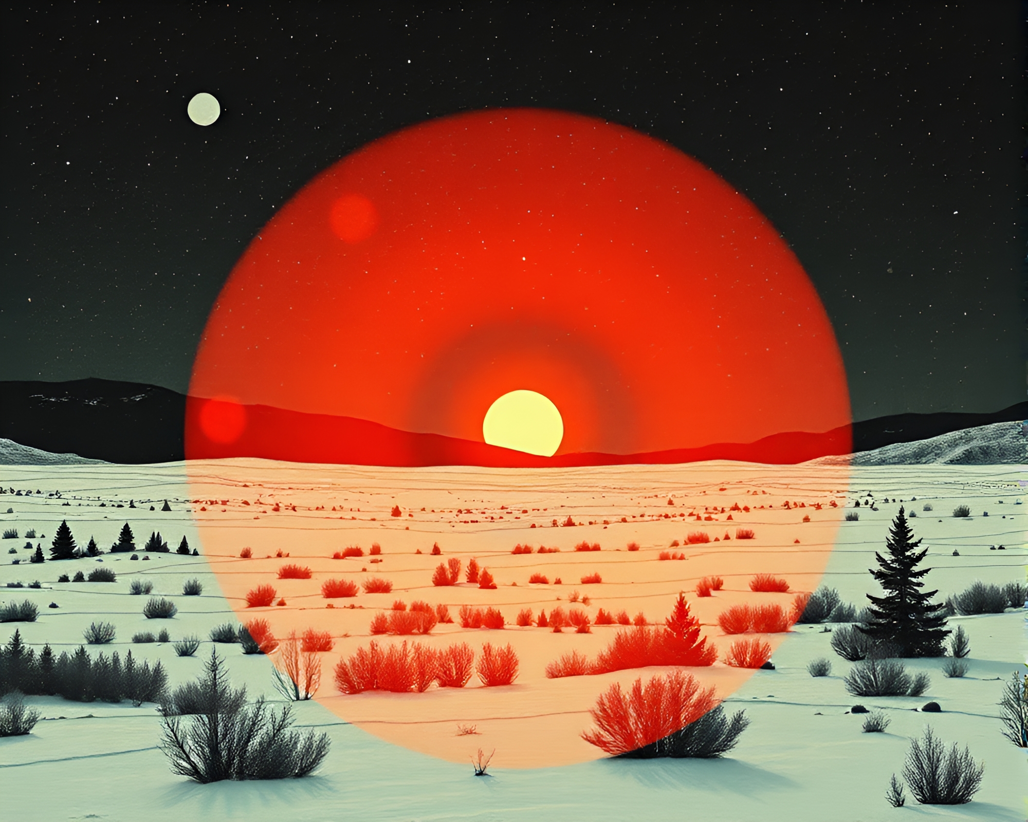 Surreal Northern Tundra Dotted Screenprint Scene – free AI stock image