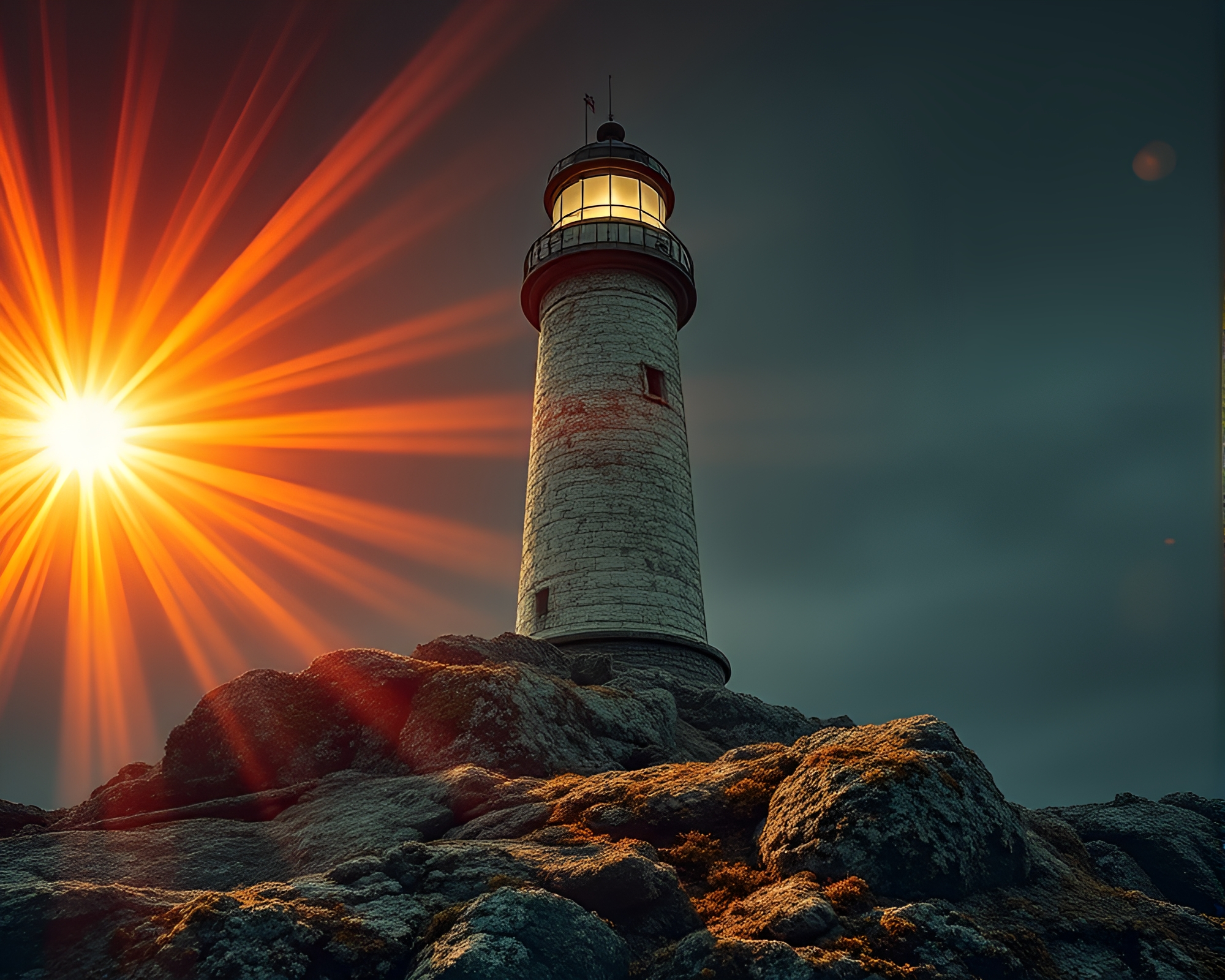 Lighthouse Illuminated by Lens Flare Burst in X-Ray Style – free AI stock image