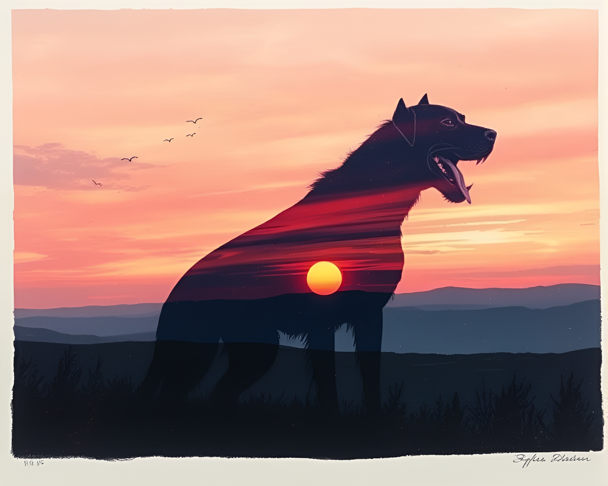 Cerberus Double Exposure in Sunrise Linocut Print – free AI stock image