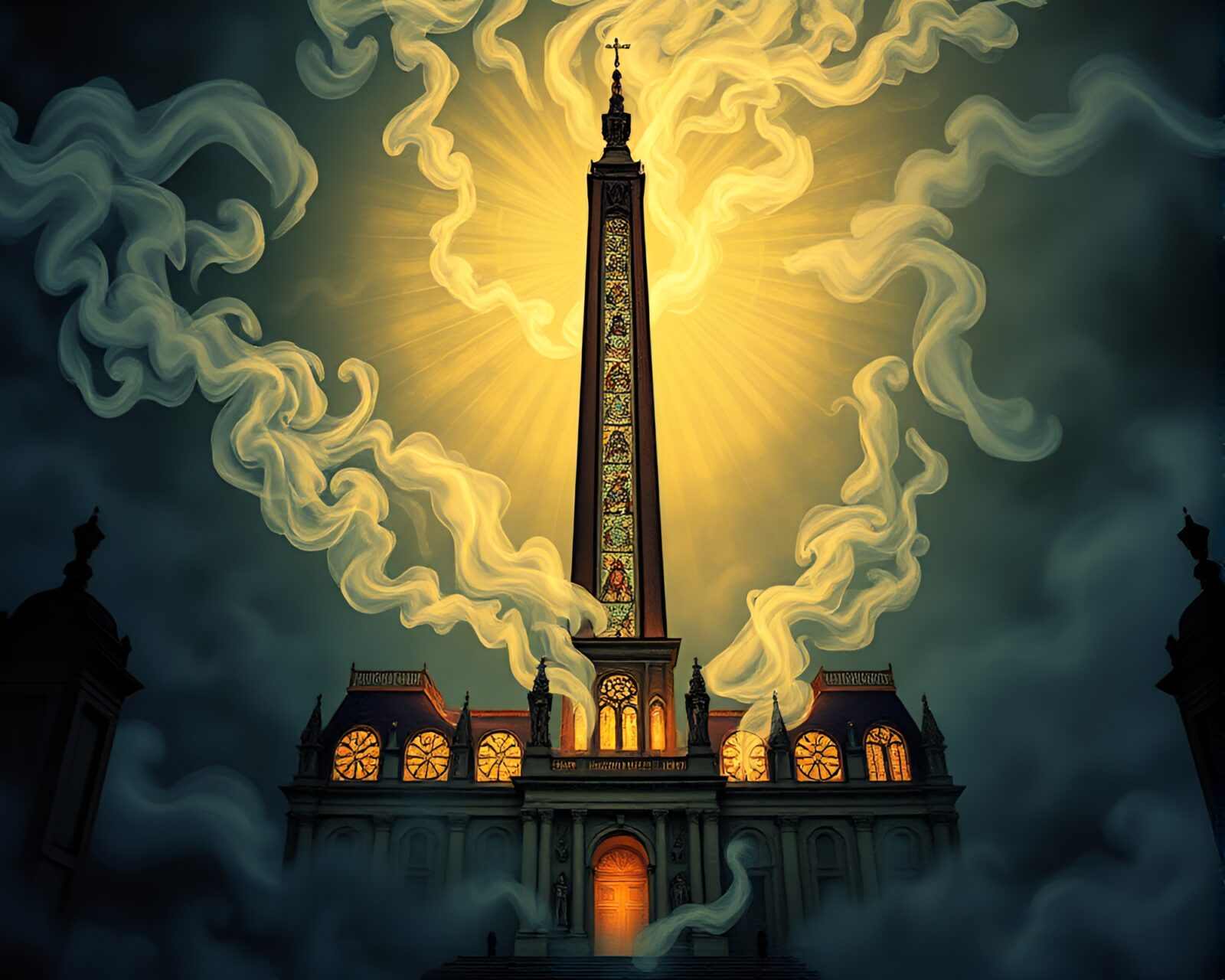 Enchanting engraving of an obelisk surrounded by swirling smoke
