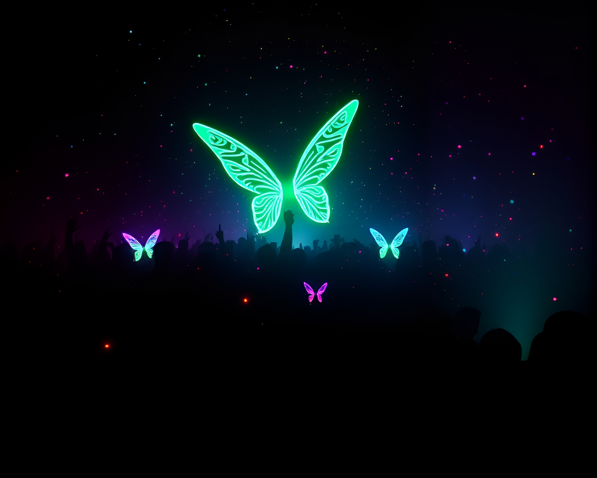 Phosphorescent Fairy Crowd Silhouette in Retro Futurism Style – free AI stock image