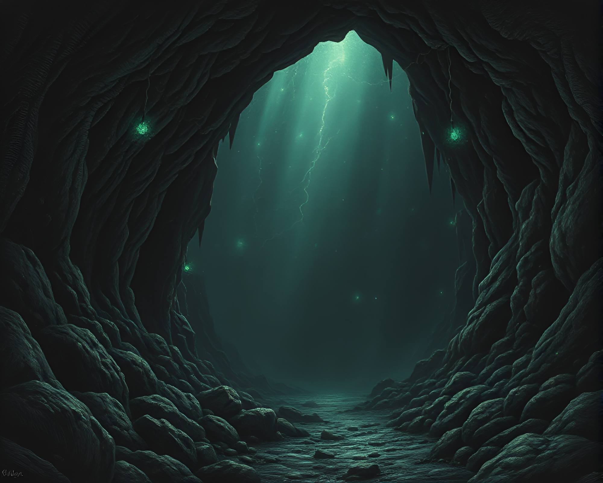 Mildew Spotted Kraken Emerging from Dark Engraved Cave – free AI stock image