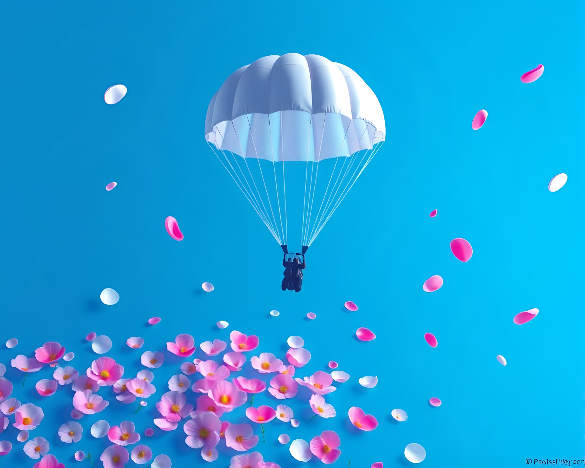 Voxel Parachute Jumper amidst Ice-Blue Flower Petals – free AI stock image