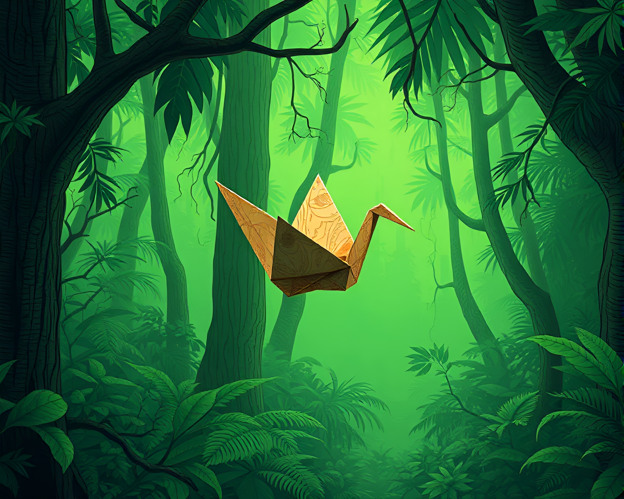 Cyberpunk Origami Crane in Wood Grain Forest – free AI stock image