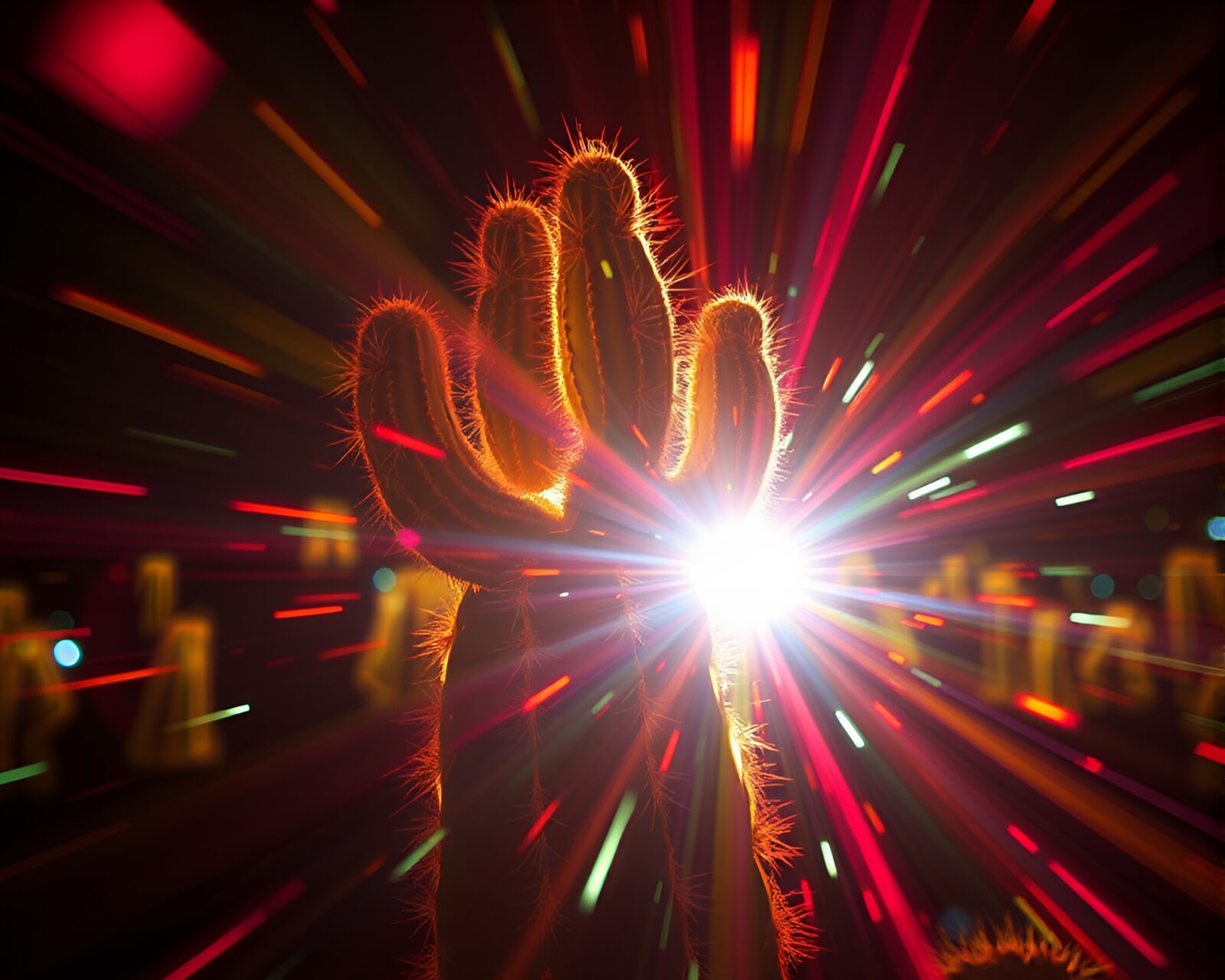 Colorful cactus under neon lights with lens flare
