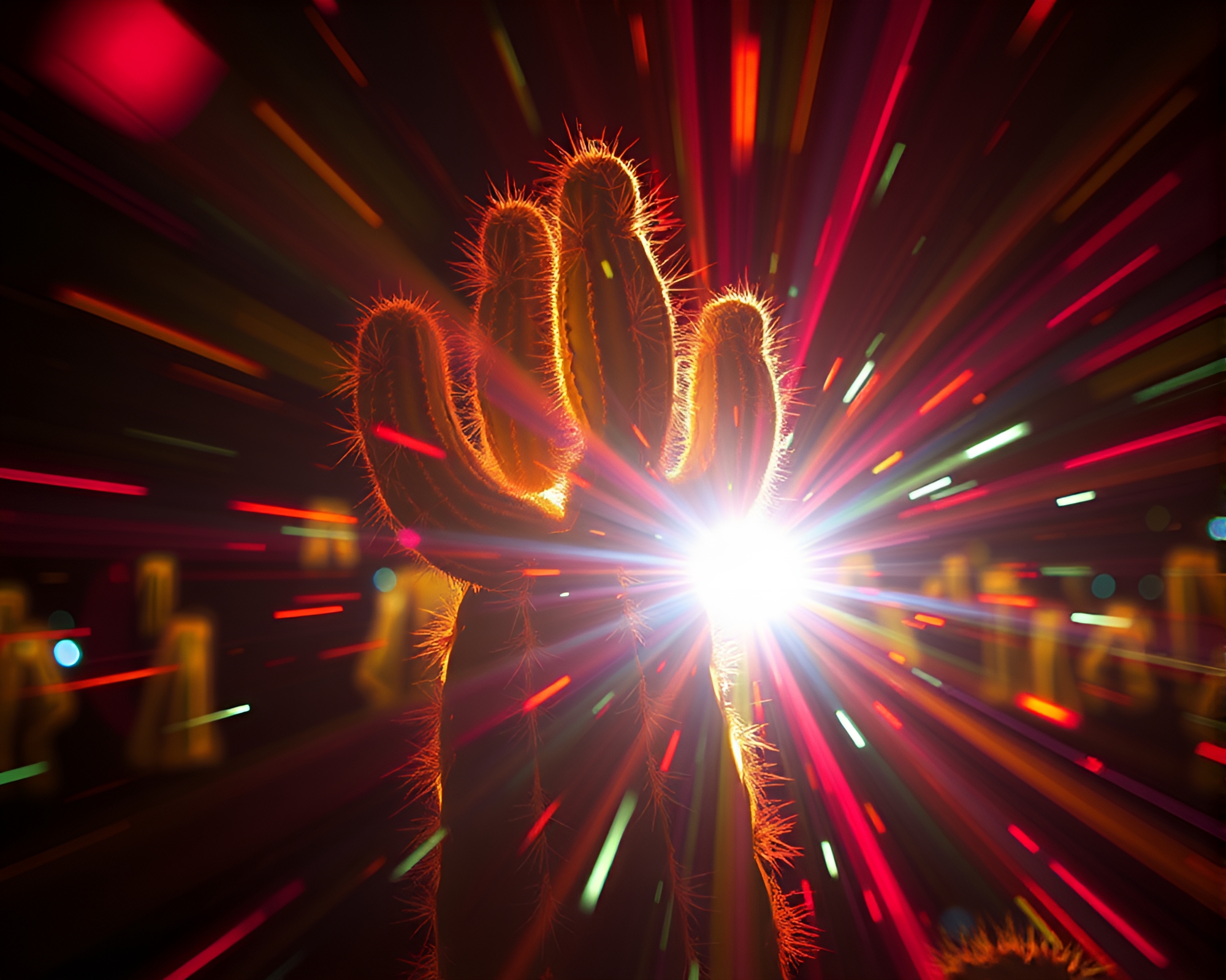 Neon Cactus Oasis with Lens Flare Burst Art – free AI stock image