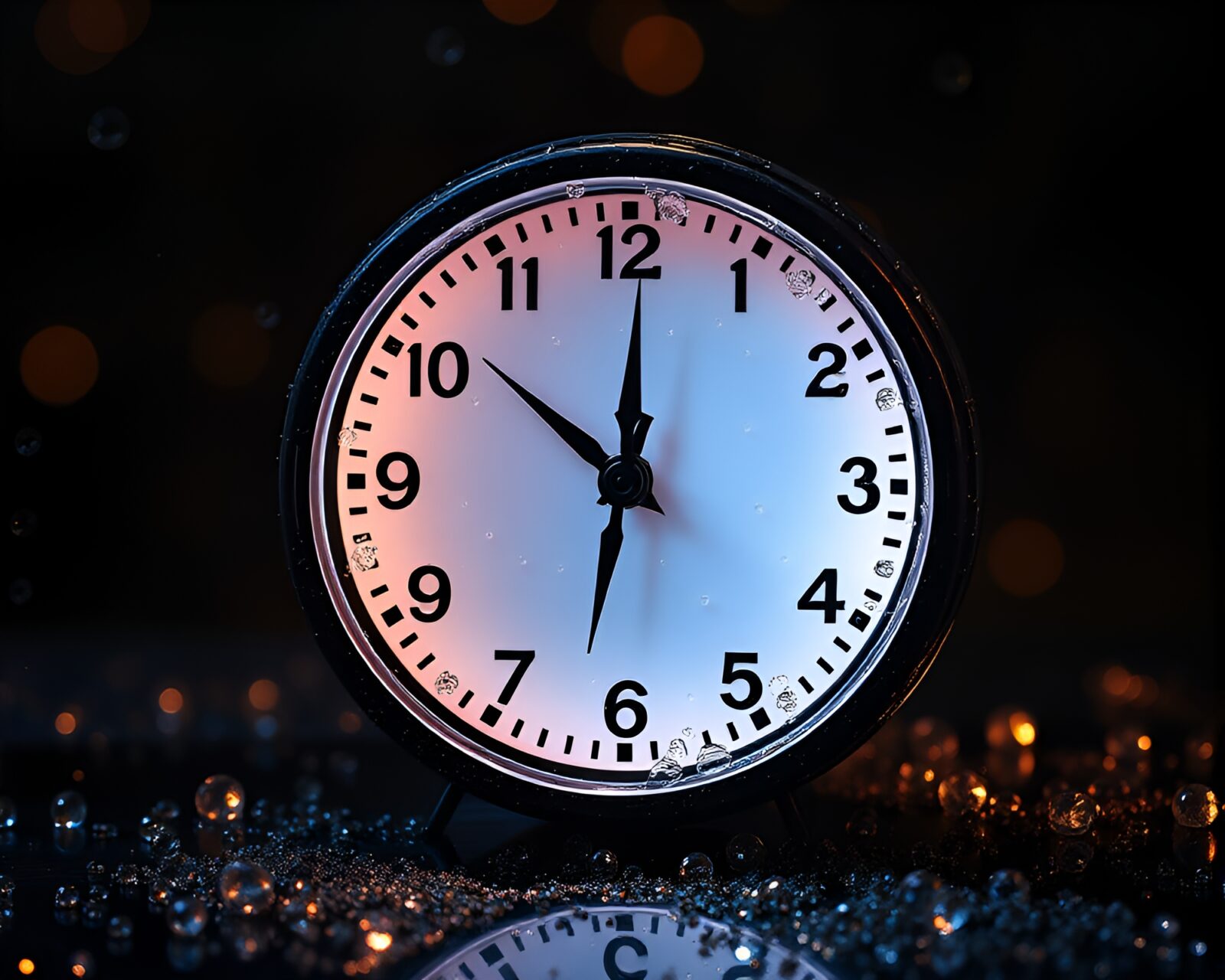 Warm spotlight illuminating wet glass beads on aged clock