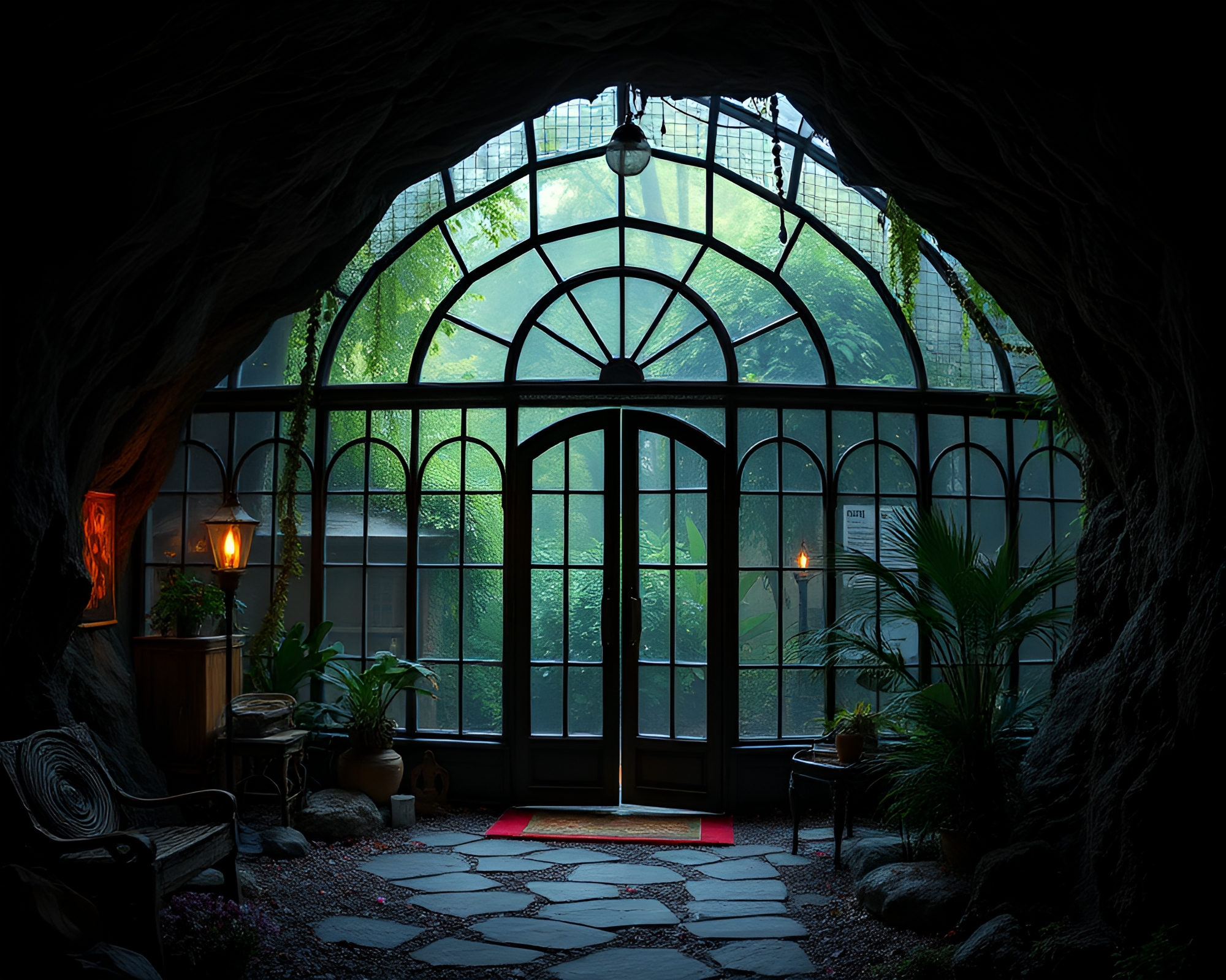 Glass Greenhouse with Beadwork Accents Enters Mysterious Cave – free AI stock image