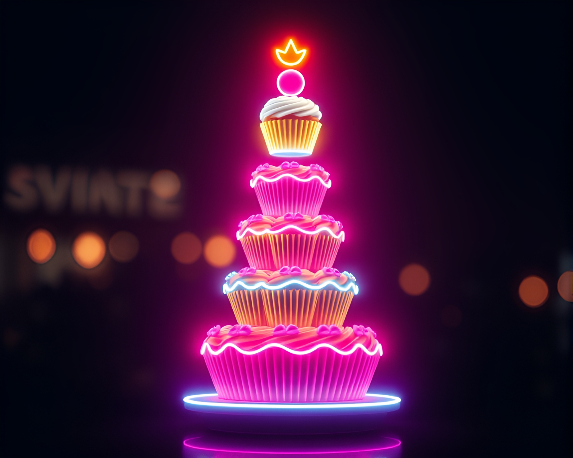 Neon Cupcake Tower in Pixelated Photocollage Light – free AI stock image
