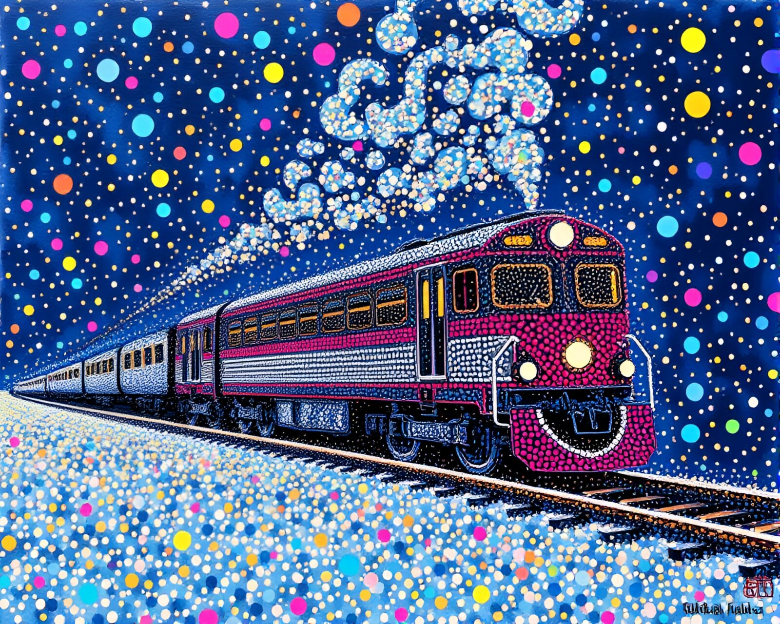 Colorful pointillist dots create a bright topaz magnetic train collage.