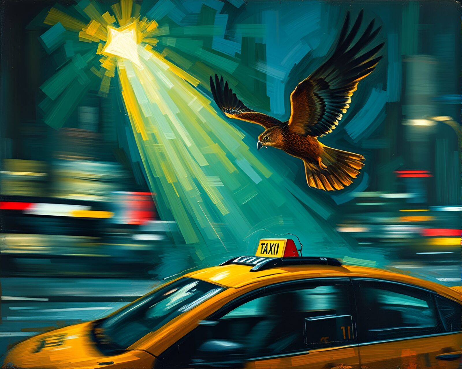 Vibrant expressionist painting of falcon in taxi blur