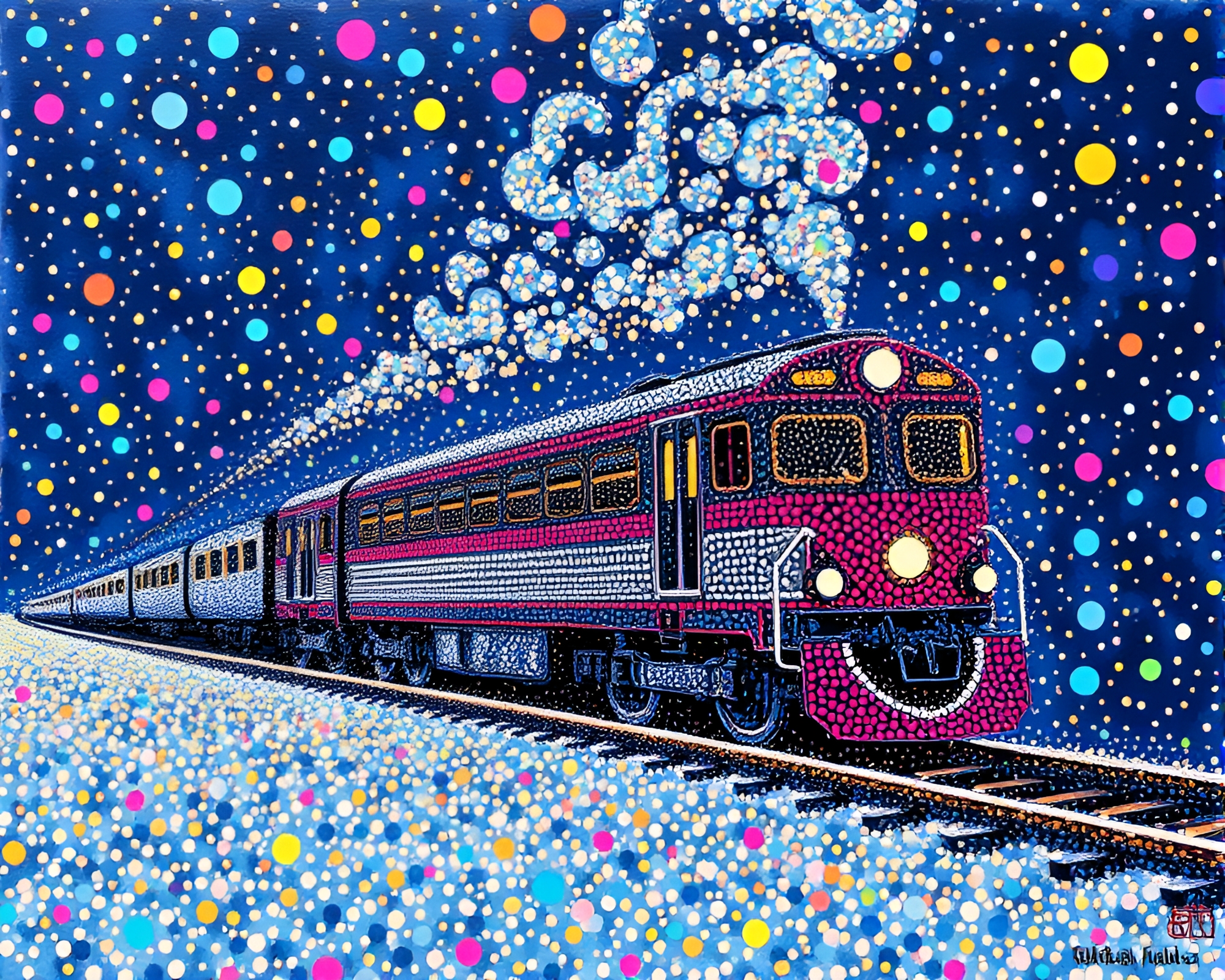 Magnetic Pointillist Levitation Train Collage – free AI stock image