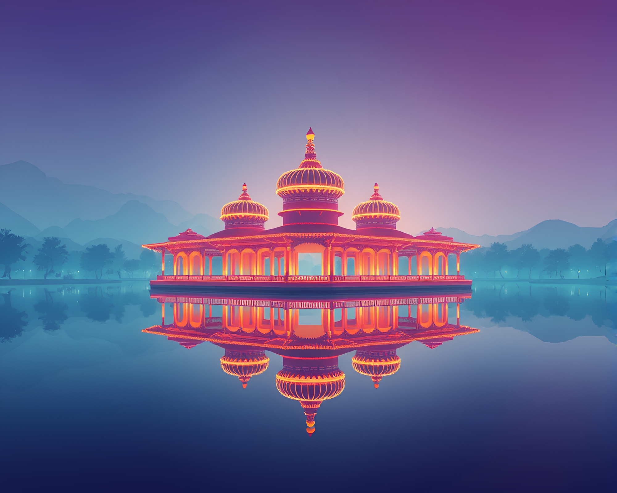 Neon Reflections Floating Pavilion Pixel Art – free AI stock image
