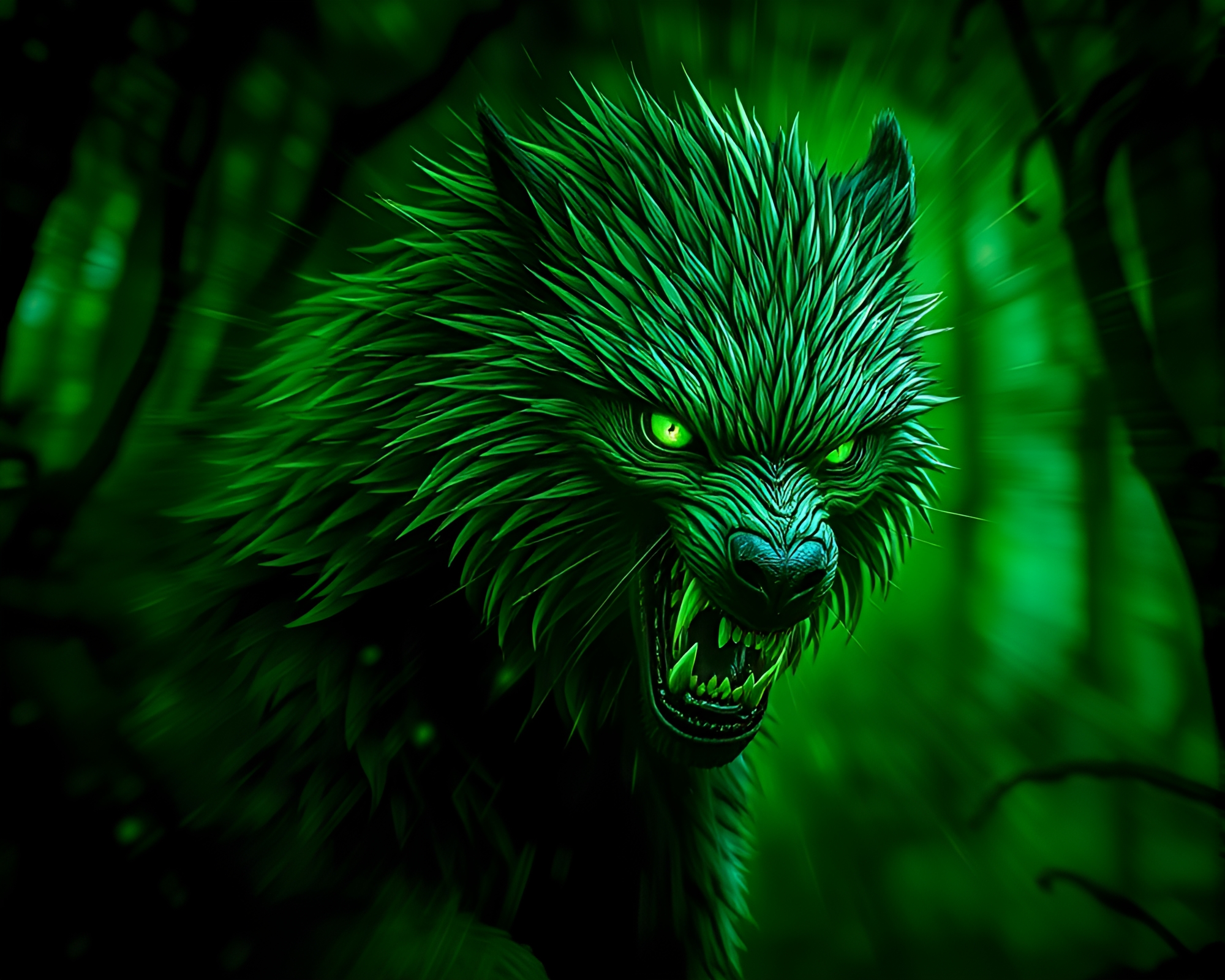 Enchanting Werewolf Zoom Burst in Rainforest Stained Glass – free AI stock image