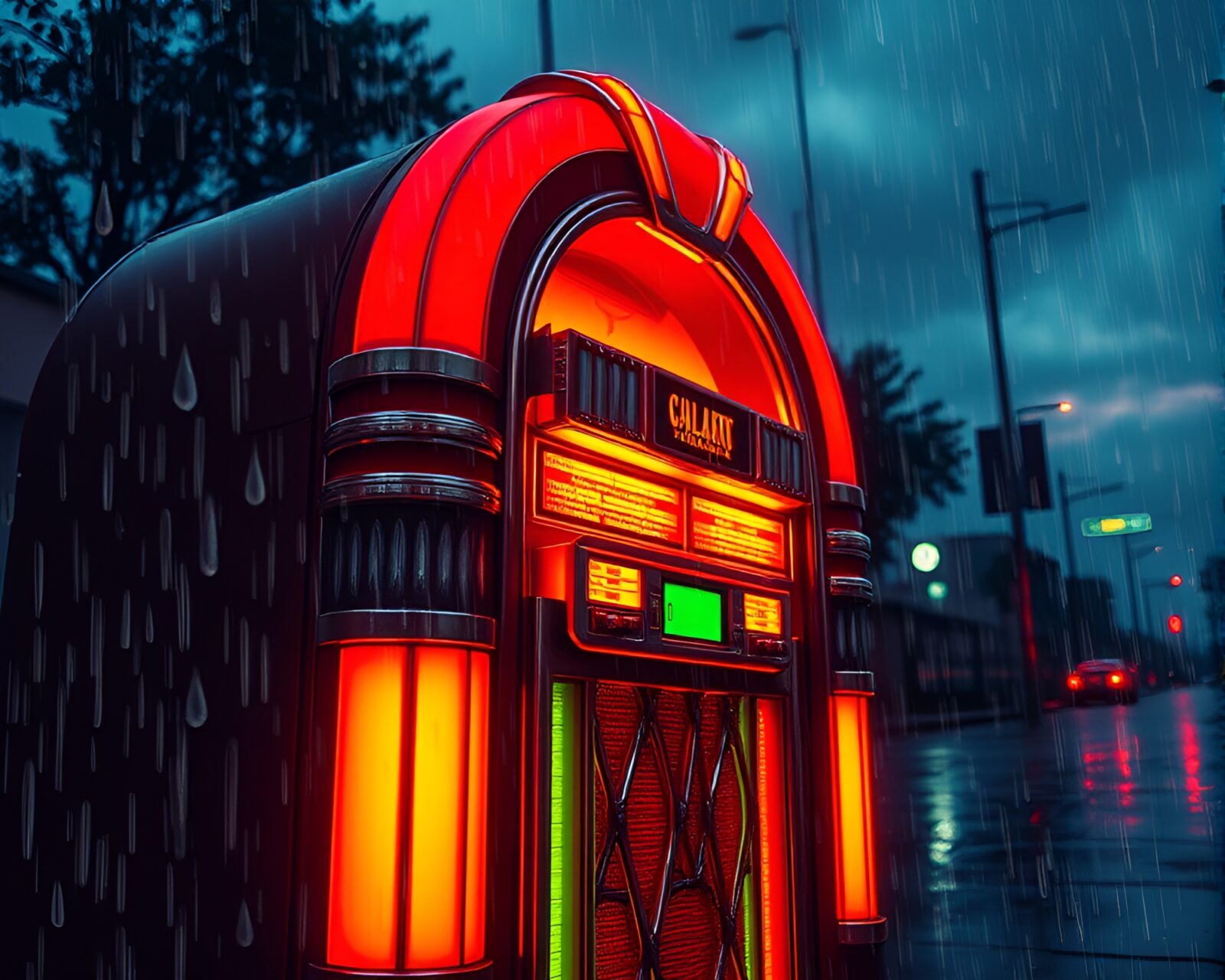 Rain droplets glisten on a retro manga styled jukebox