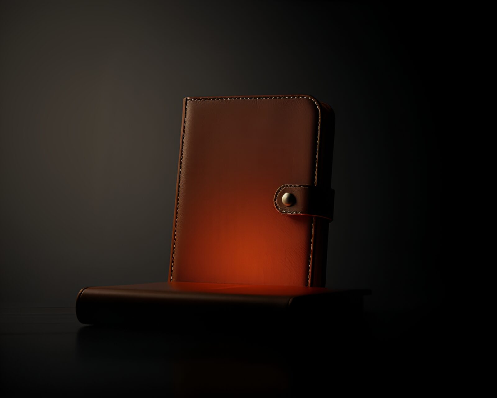 Backlit silhouette of a leather-bound diary in minimalist AI style