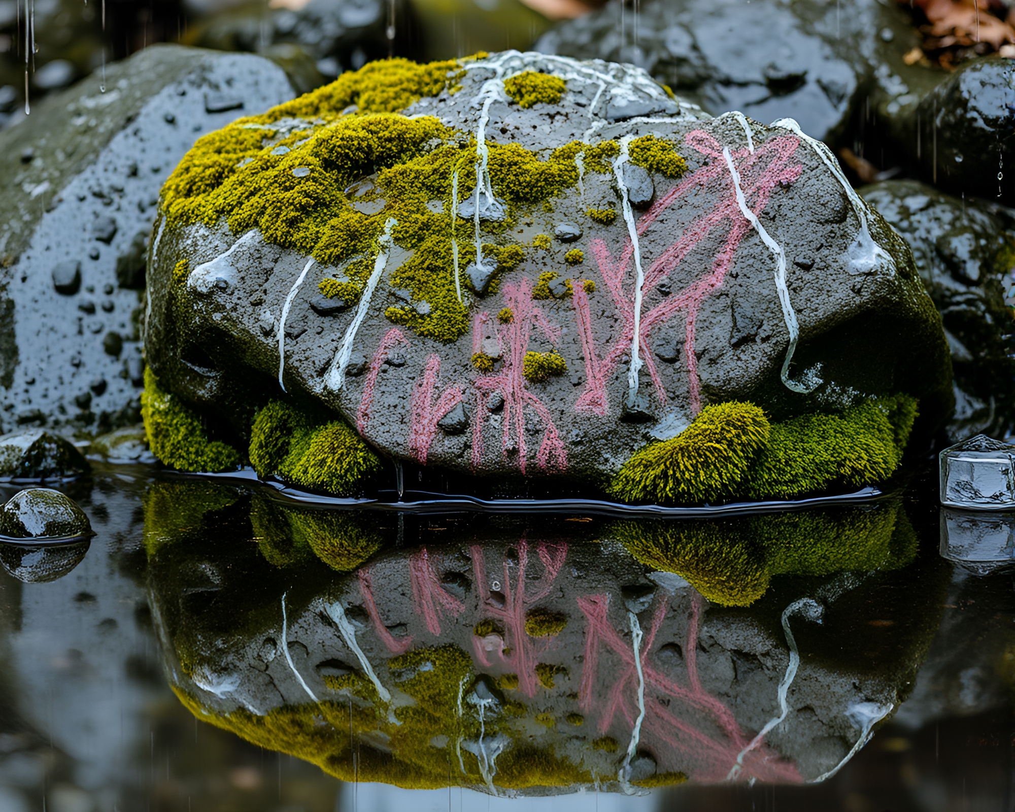 Chalk Scribed Mossy Rock Photocollage – free AI stock image