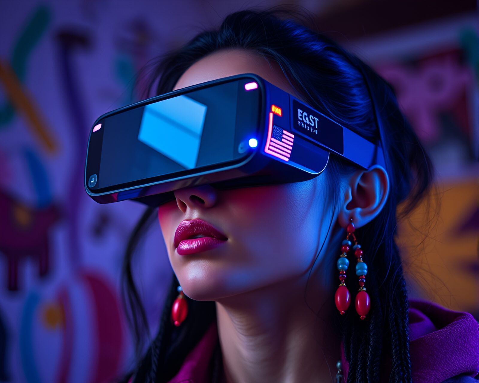 Illustration of futuristic city with colorful digital overlays and intricate beaded accents
