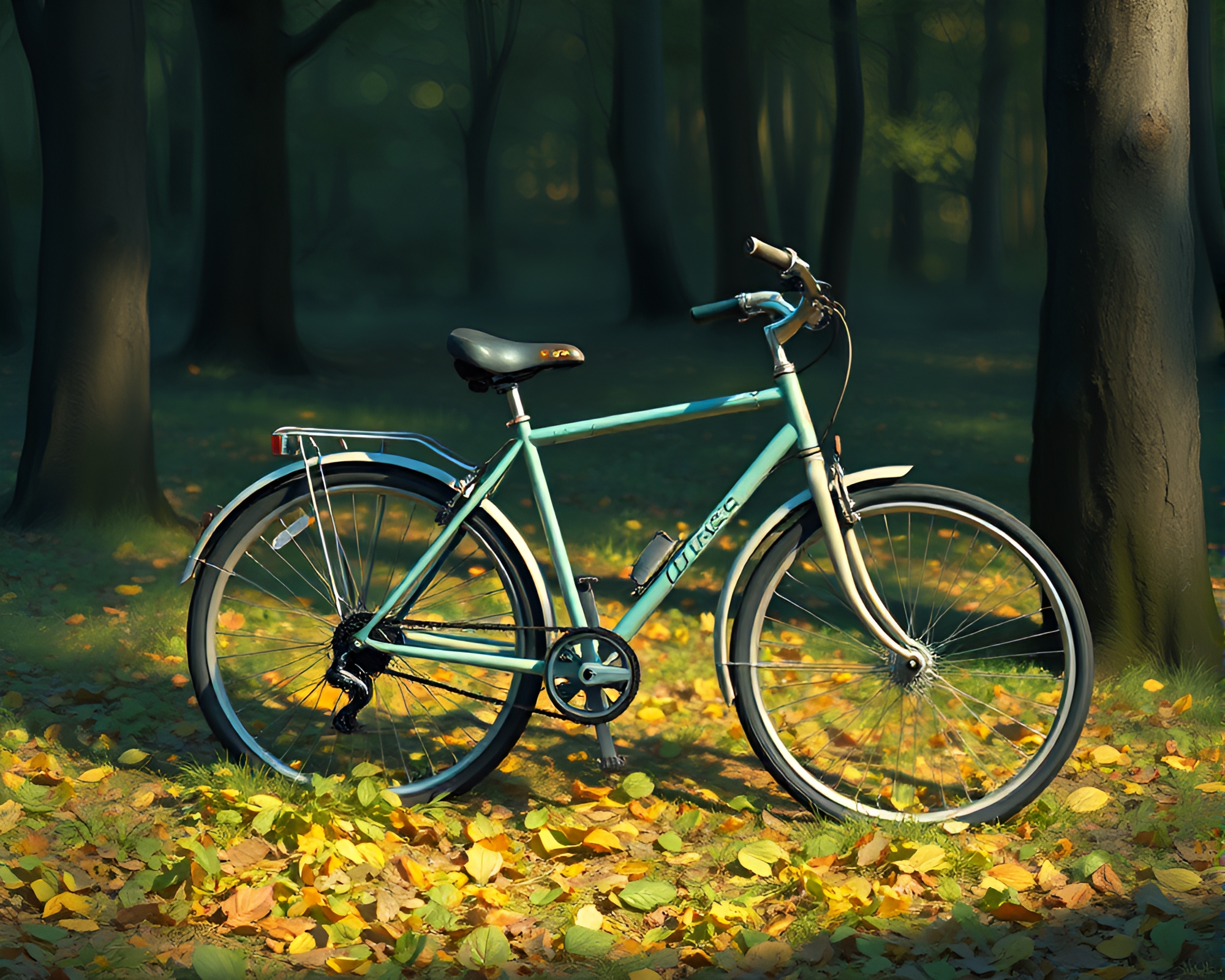 Autumn Bicycle Ride Through Colorful Leaf Litter – free AI stock image