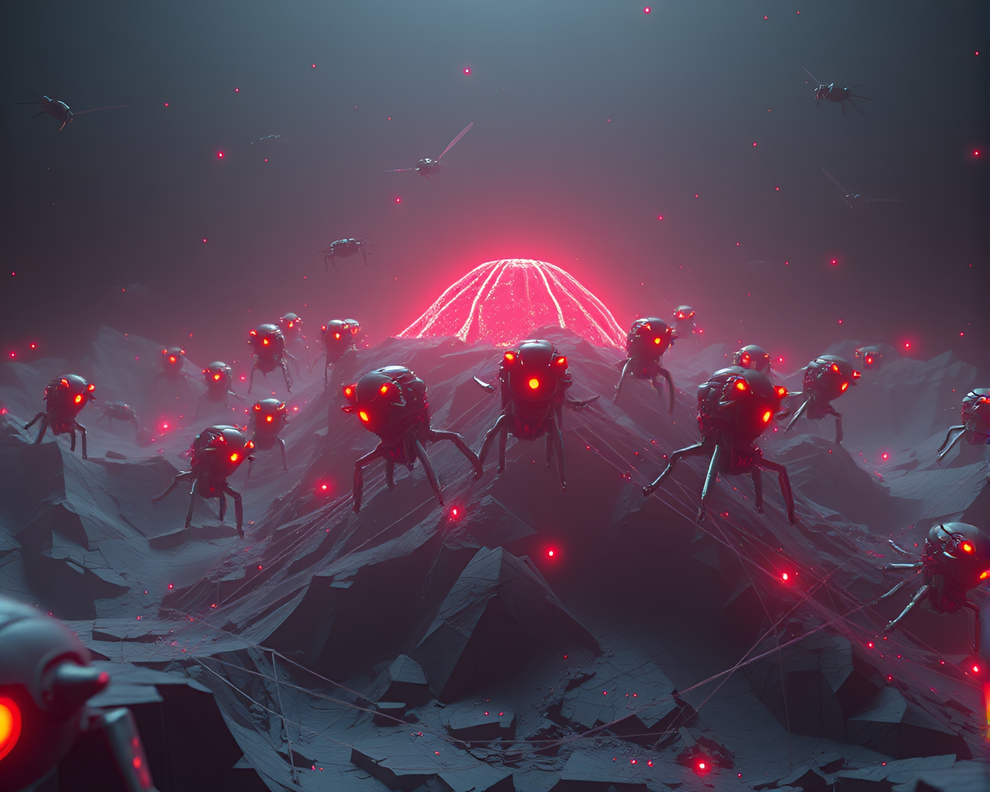 Nanobot Swarm Engulfed in Erupting Volcano’s Glow – free AI stock image
