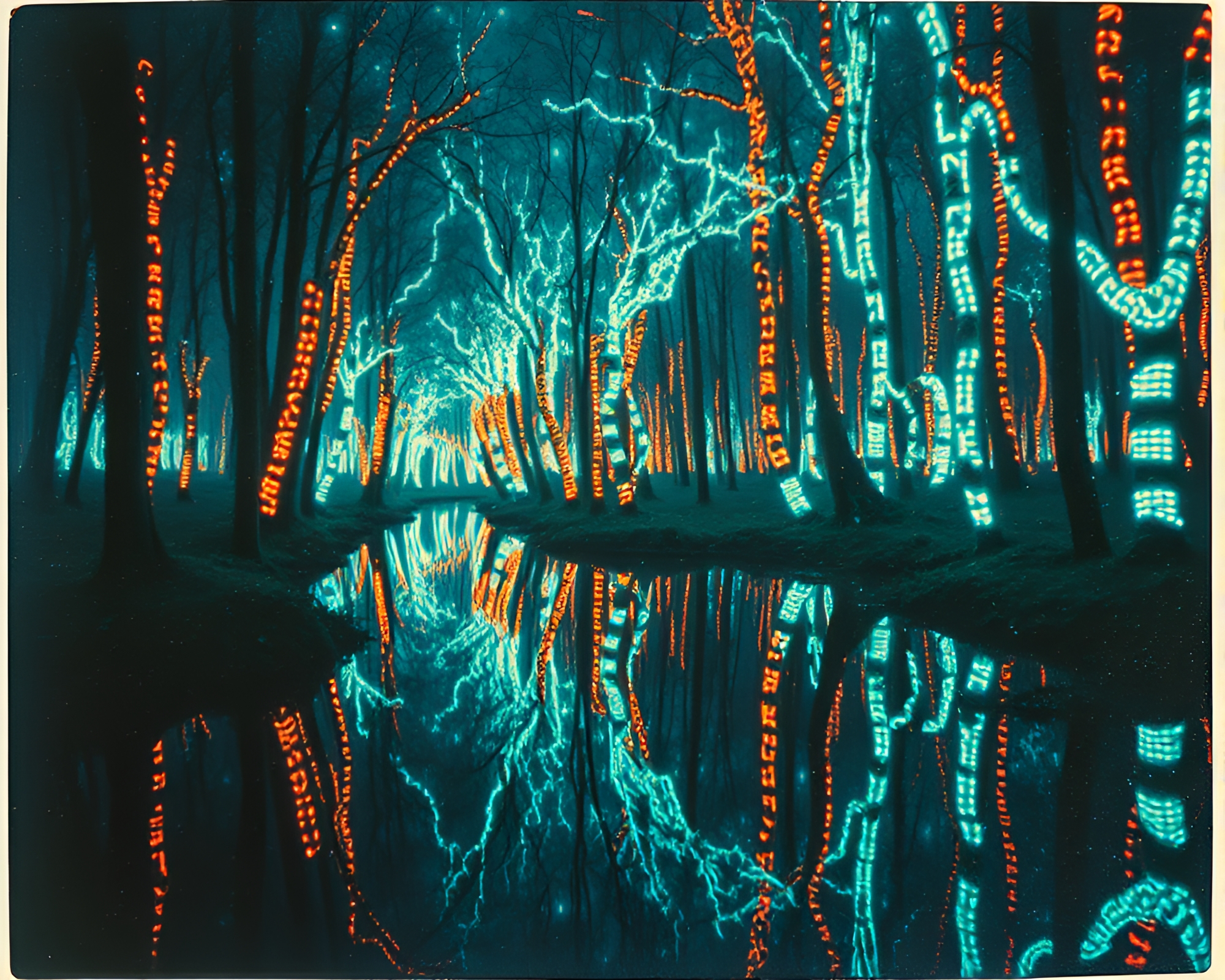 Bioluminescent Neon Forest in Vintage HDR Polaroid – free AI stock image