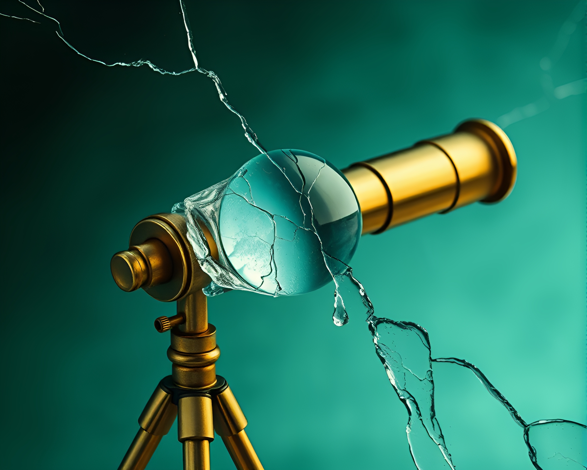 Engraved brass telescope in forest-green ice reflection crack – free AI stock image
