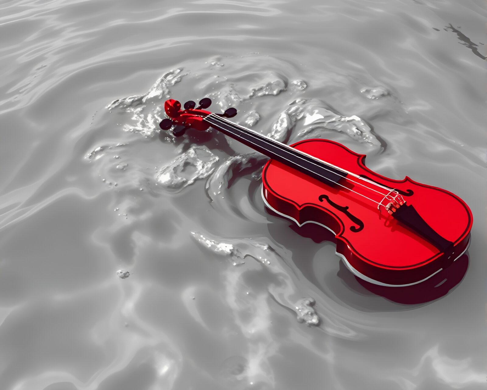 Monochrome red 16-bit style image of swirling water and violin