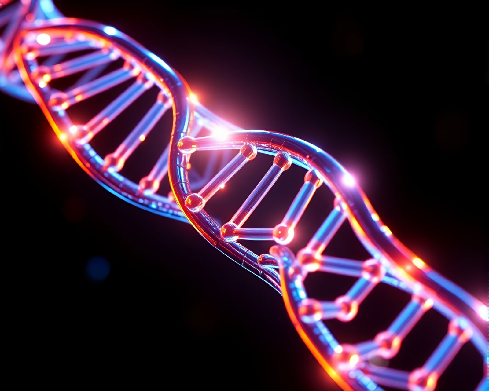 Glowing DNA helix reflected in chrome surface, vector style