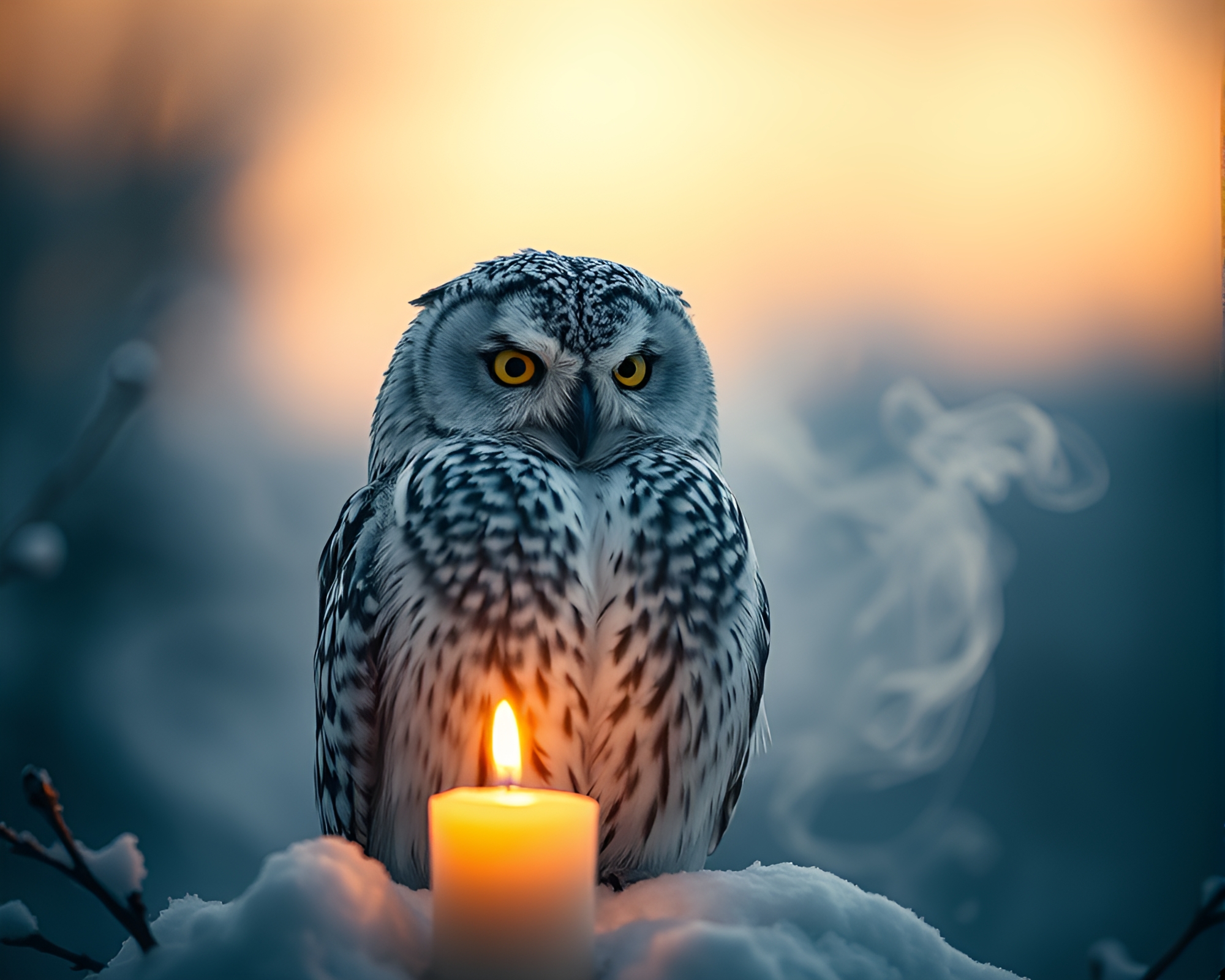 Candlelit Snowy Owl in Olive Drab Smoke – free AI stock image