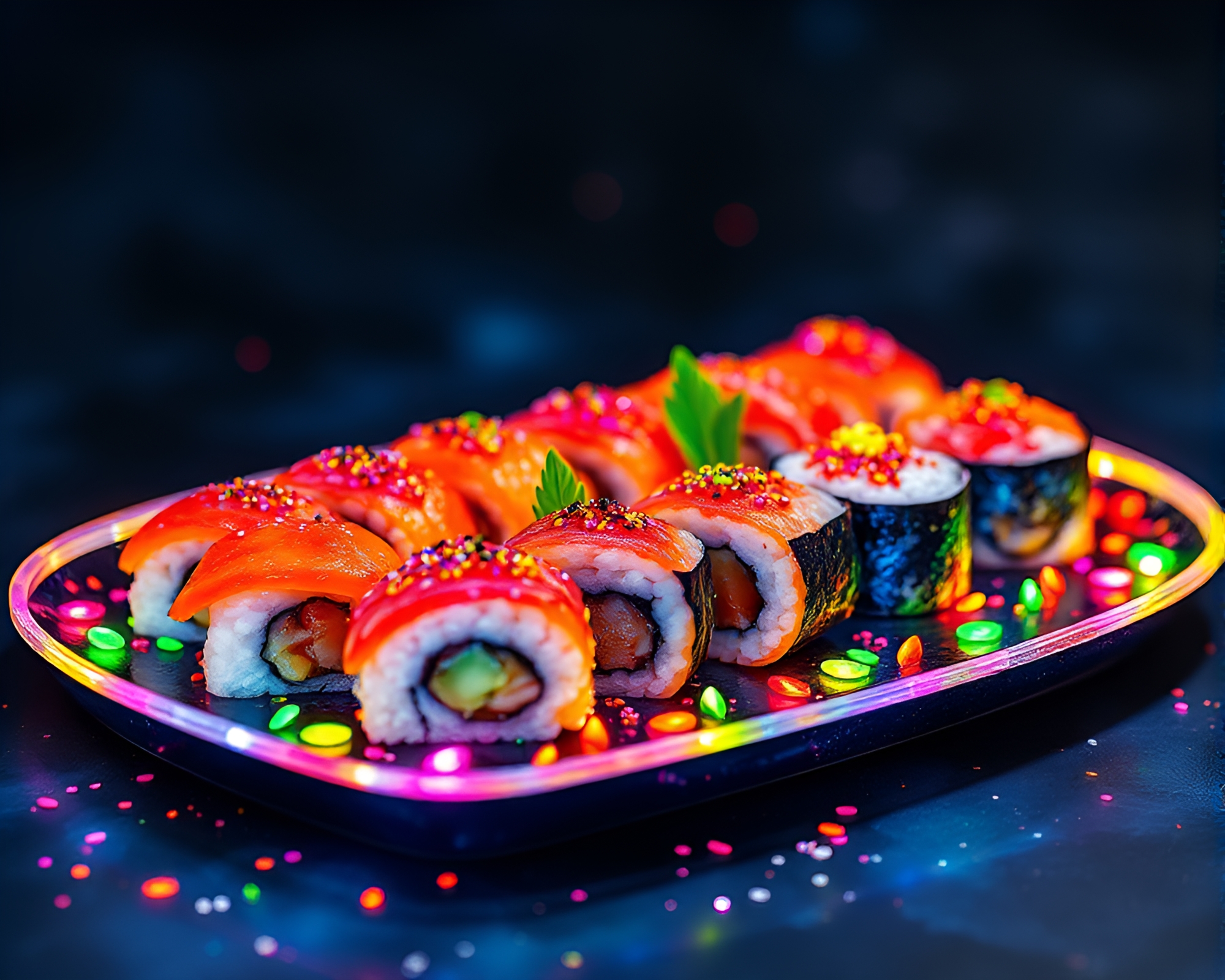 Sushi Hologram with Fluorescent Glow Watercolor Painting – free AI stock image