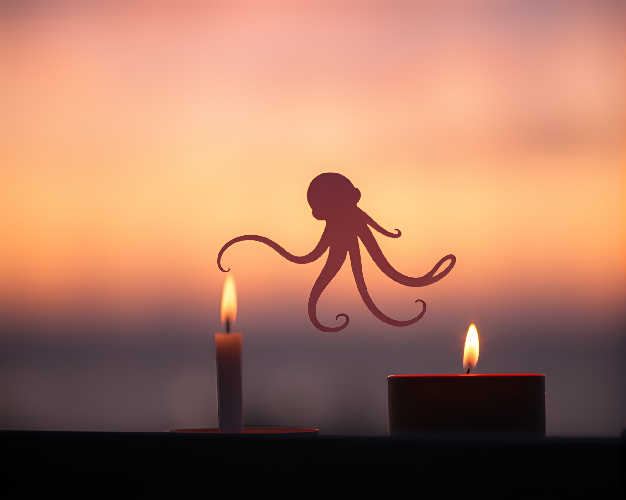 Enchanting Octopus Silhouette in Pastel Sunrise Bokeh – free AI stock image