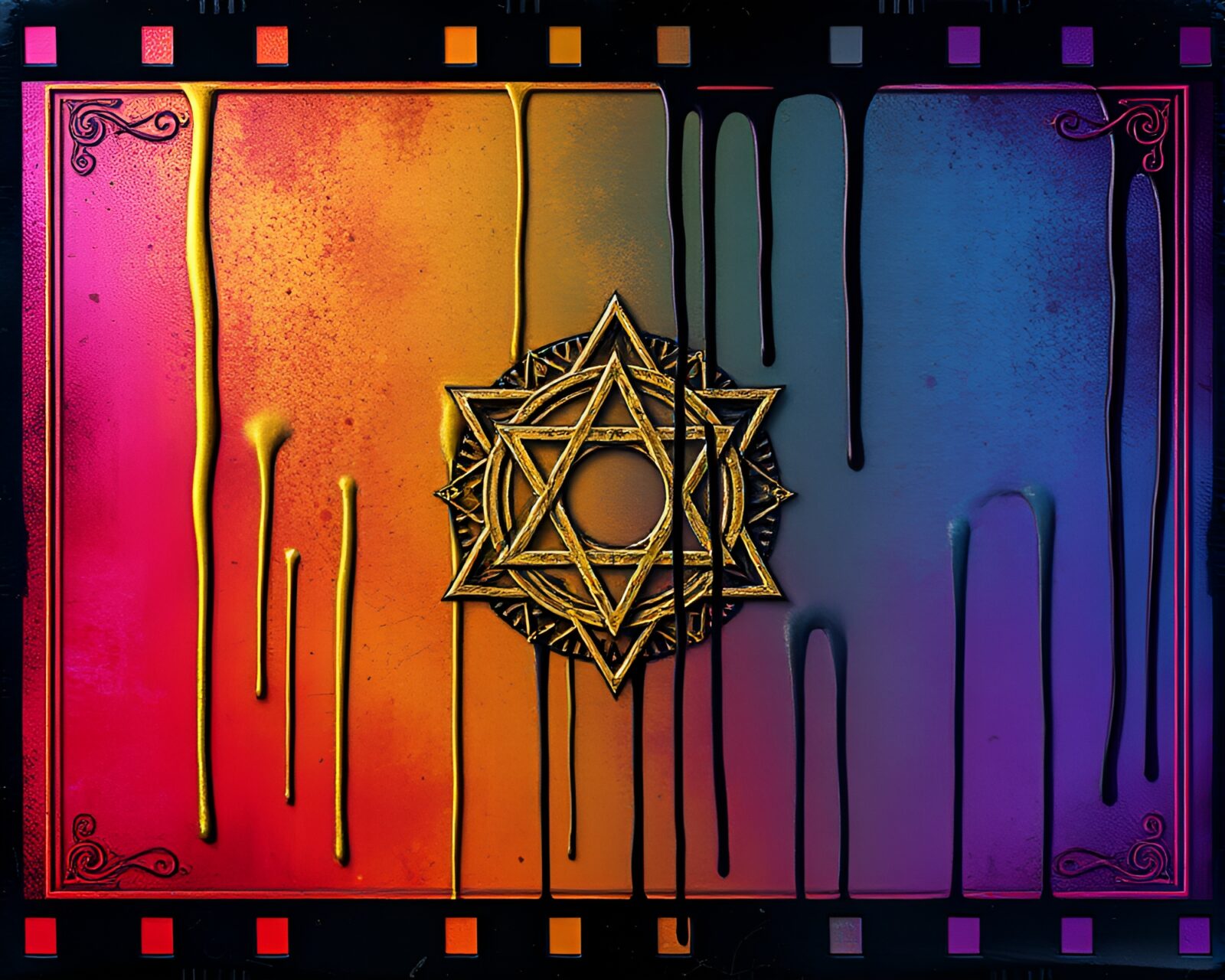 Abstract painting of alchemical symbols in metallic hues