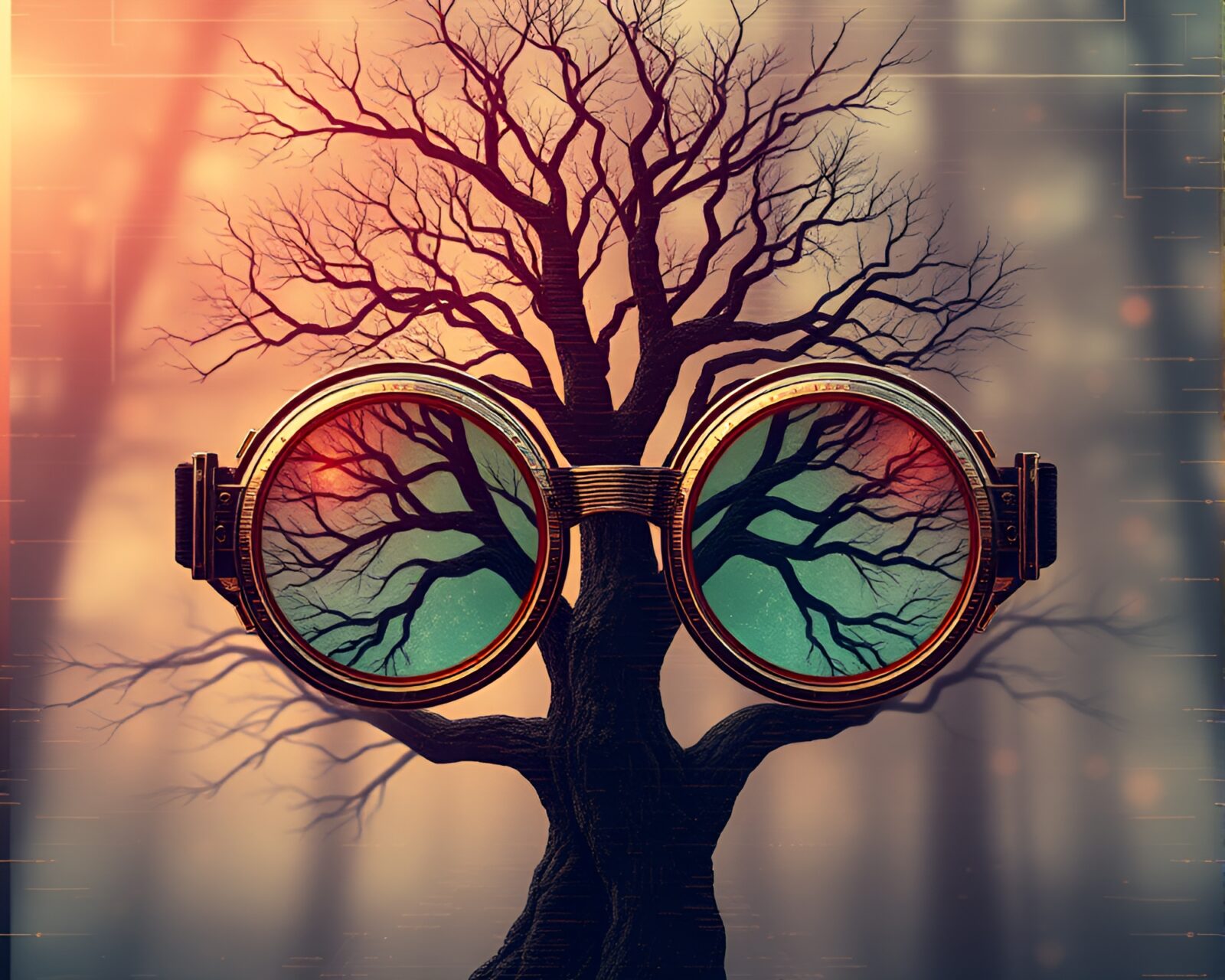 Abstract Steampunk goggles in swirling tree ring patterns with haze