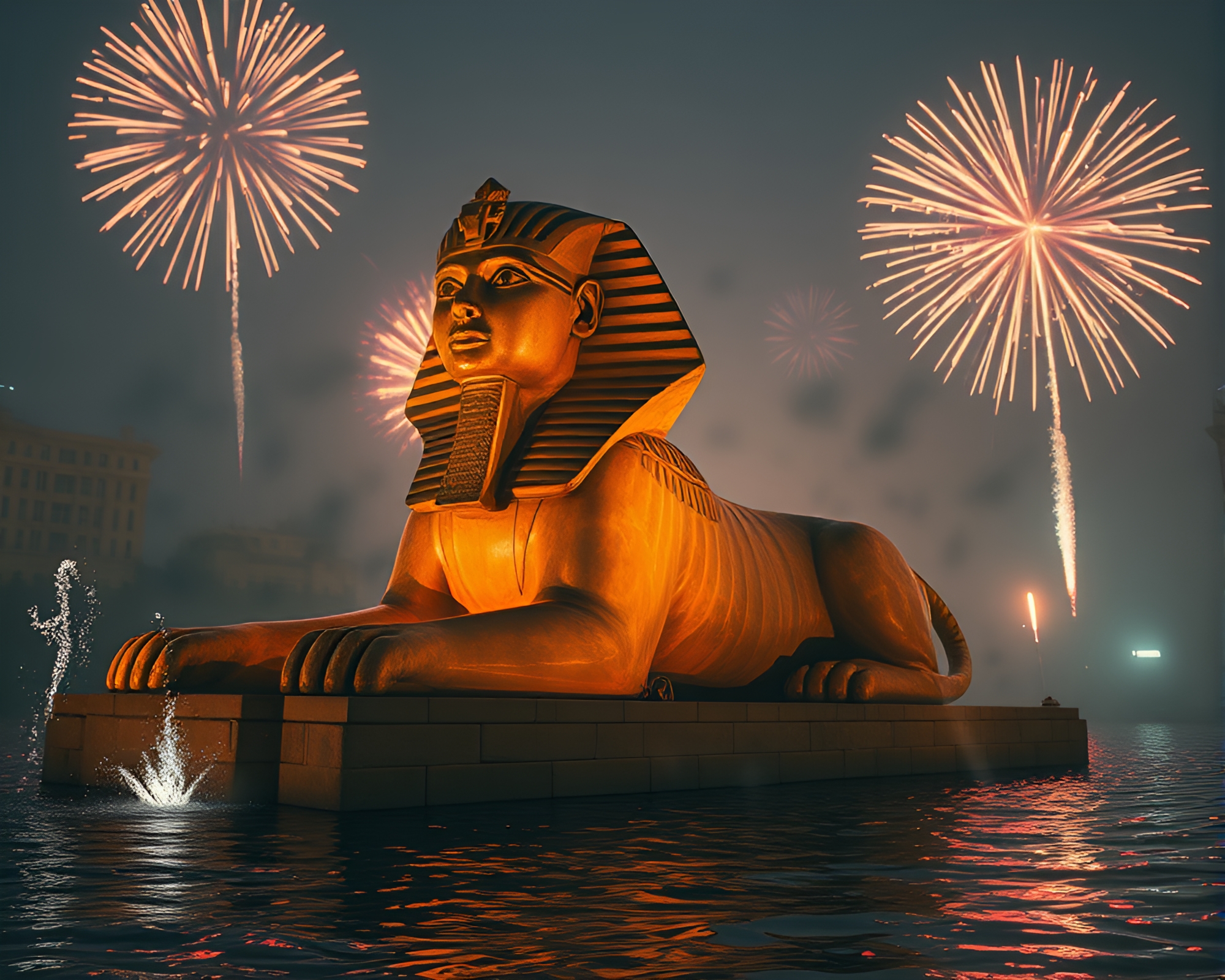 Dystopian Sphinx Statue Amidst Water Distortion Festival – free AI stock image