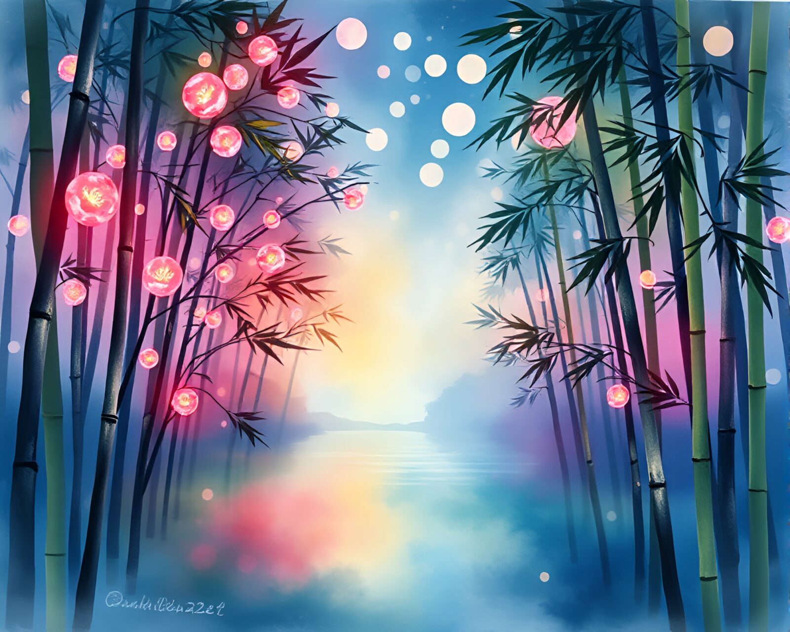 Vibrant neon city skyline with bamboo forest and wildlife running watercolor style