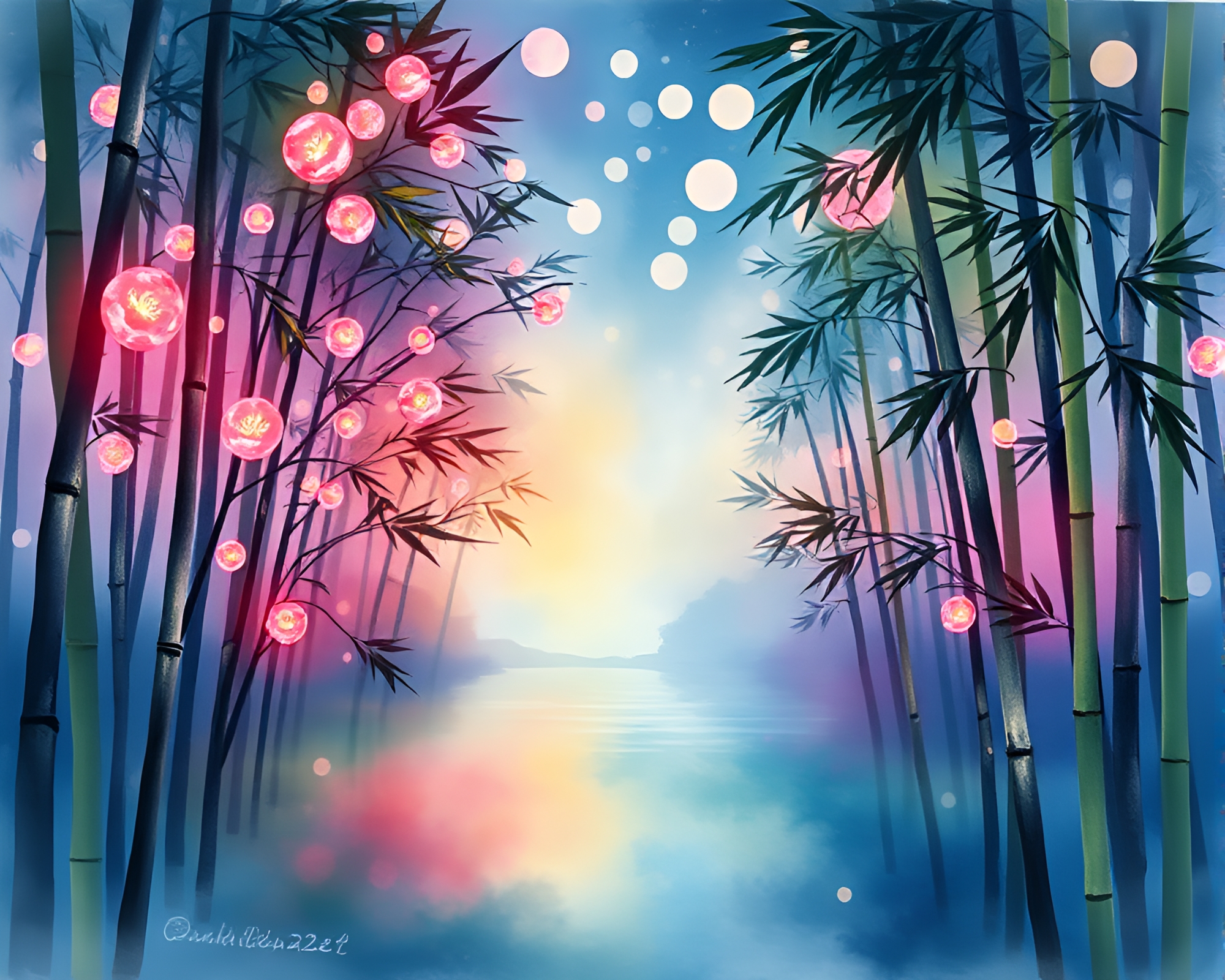 Neon Bamboo Flute Serenade in Wildlife Watercolor – free AI stock image
