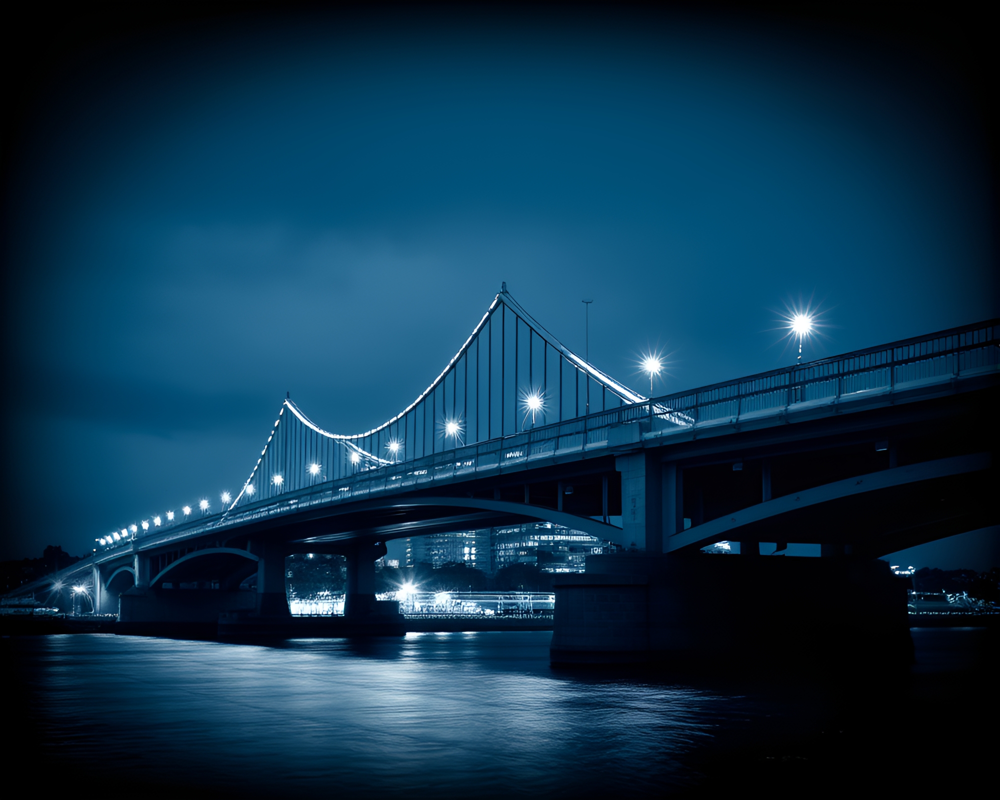 Monochrome Blue Bridge Vignette in Telephoto Perspective – free AI stock image