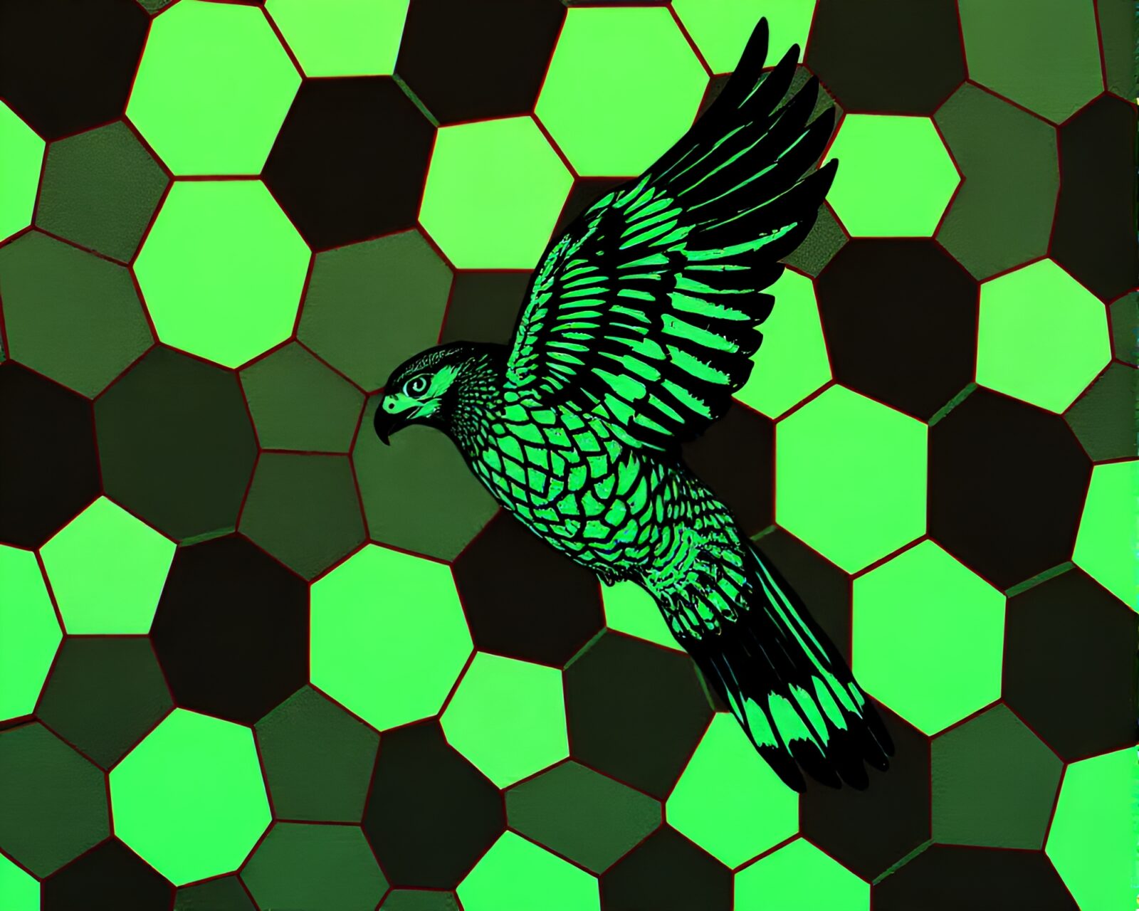 Futuristic falcon in hexagonal cyber pattern with VHS distortion