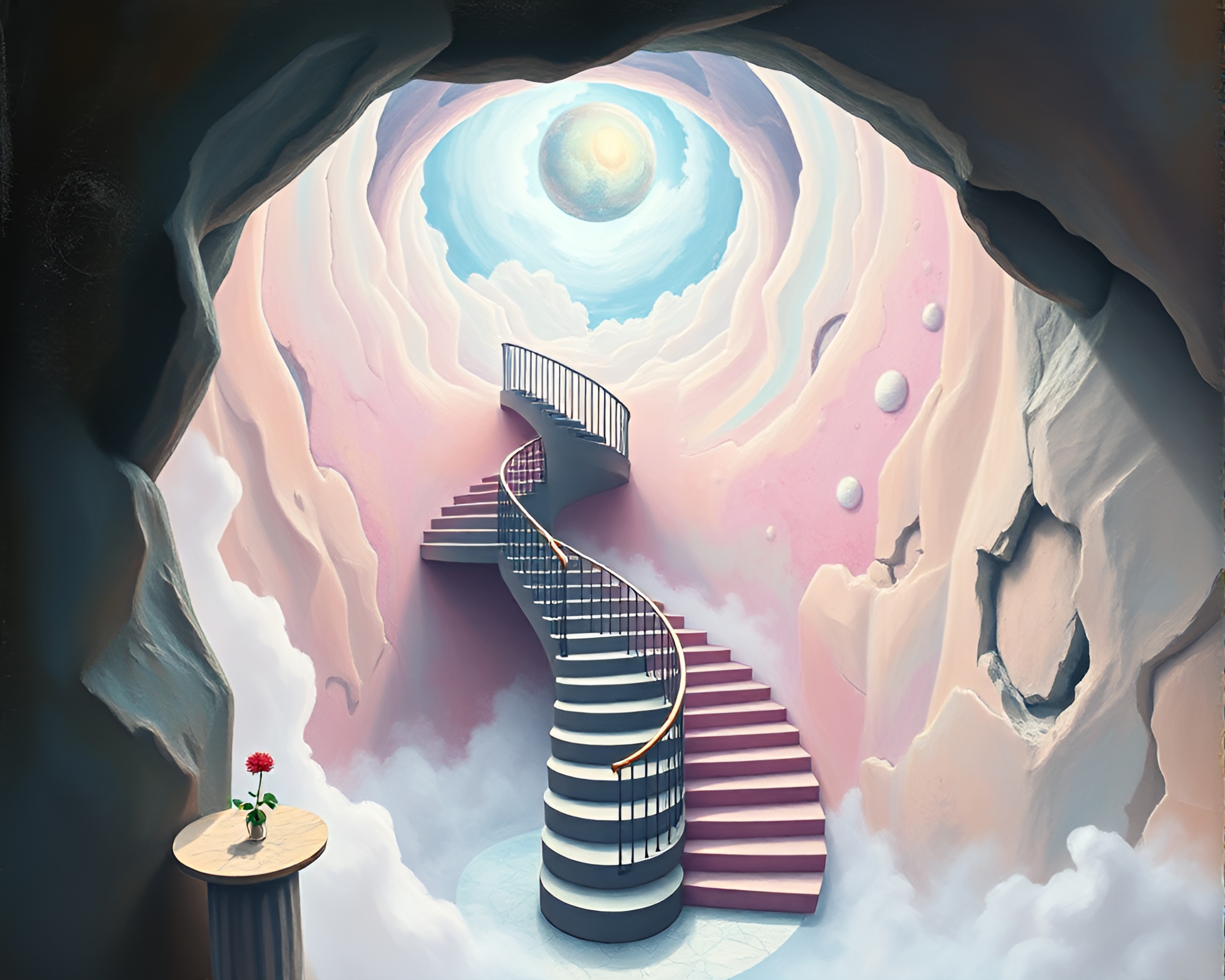 Vibrant Escher-inspired Staircase in Technical Illustration – free AI stock image