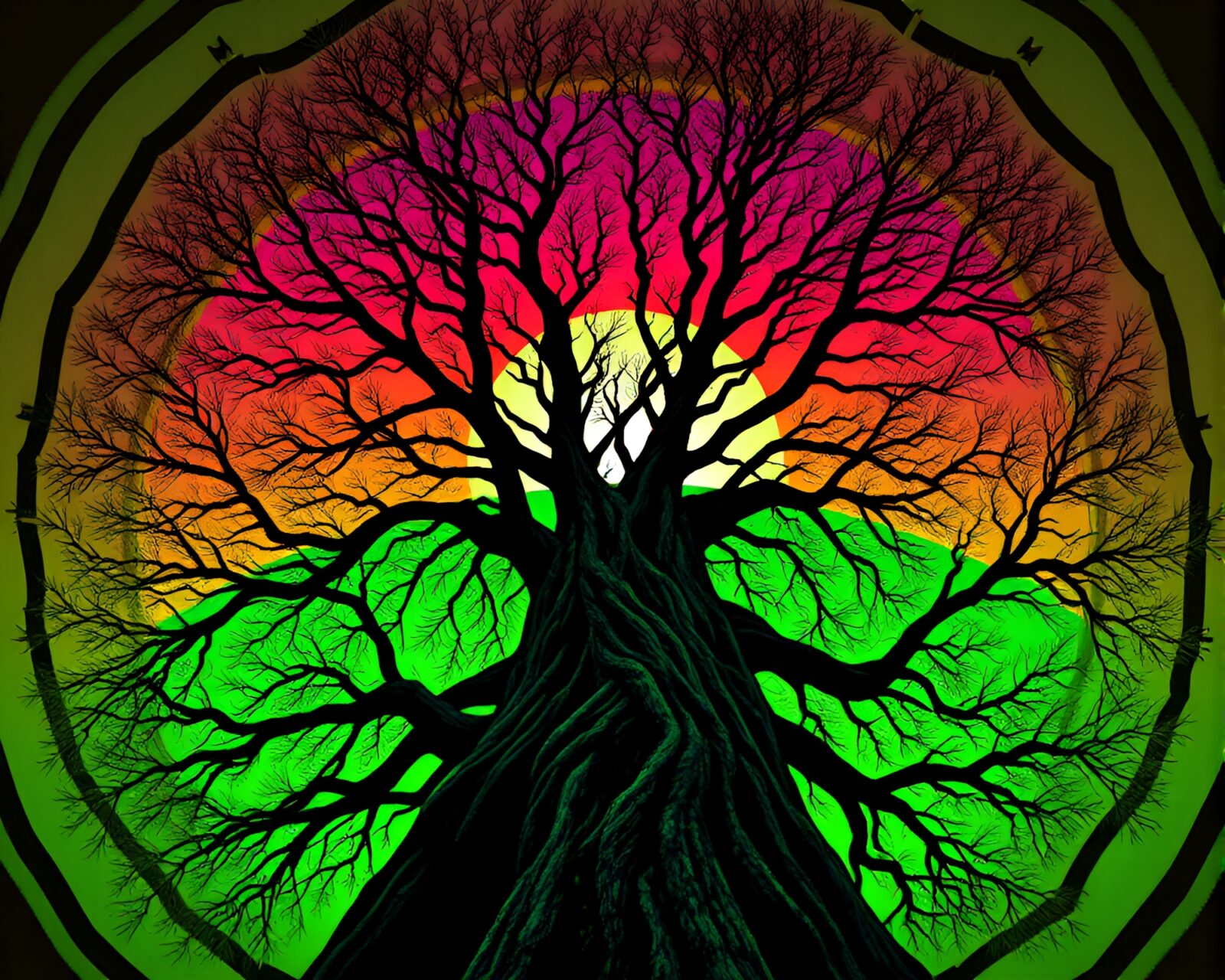 Vaporwave sunset scene with surreal tree ring patterns