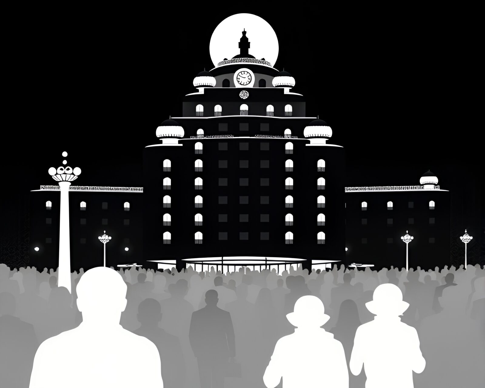 Silhouettes of a crowd against a snowy art deco hotel