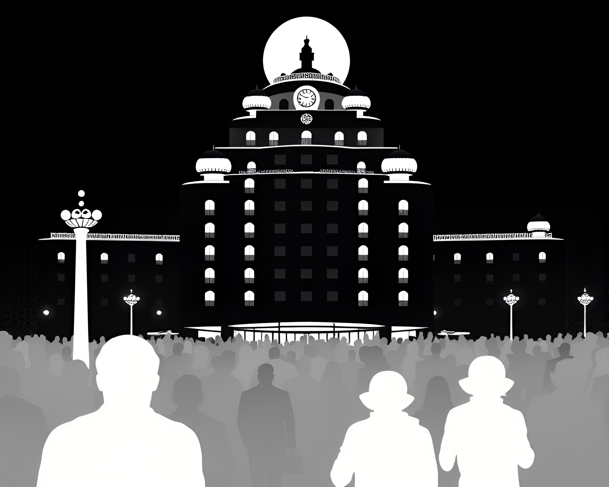 Art Deco Hotel Crowd Silhouette in Antarctic Whiteout – free AI stock image