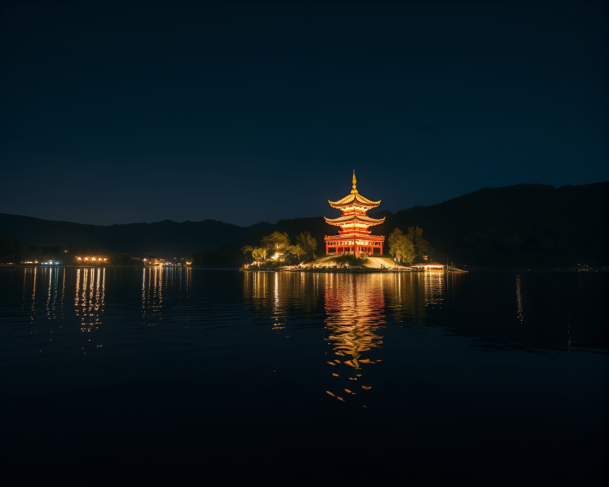 Peaceful Pagoda Reflecting in Serene Water Ripples – free AI stock image